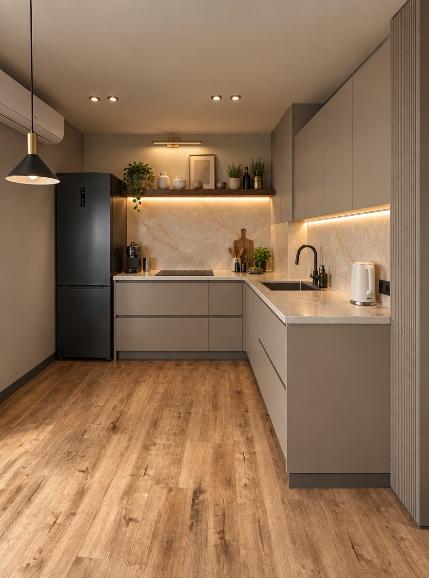 An incredibly lifelike, richly detailed, photorealistic wide-angle interior shot of a sophisticated kitchen reimagined in contemporary elegance set in a modern urban apartment. The scene is illuminated by soft, recessed architectural spotlights and warm, concealed under-cabinet LED strips paired with gentle morning daylight filtering from the living area, creating an inviting, tranquil, and luxurious atmosphere. Captured with a 24mm tilt-shift architectural lens, emphasizing ultra-matte greige cabinetry finishes, textured natural wood grain, and polished stone surfaces. Along the right wall, sleek, handleless upper cabinets are meticulously custom-built to sit flush with the existing structural corner column, intentionally designed not to reach the ceiling to preserve an airy, floating feel with a refined shadow gap. At the terminal edge of this right-hand run, a slender, tailored vertical pantry unit (пенал) seamlessly anchors the counter, extending from the floor up to the exact top alignment of the upper cabinetry, featuring a subtle fluted-panel finish and a discreet push-to-open door. Along the straight rear wall, visual interest and warmth are introduced through a full-height honed porcelain slab backsplash with delicate golden veining, complemented by an illuminated dark-oak floating display shelf styled with minimalist ceramic vessels, potted aromatic herbs, and a designer brass picture light, while seamless built-in appliances and fully enclosed, handleless lower drawers in warm taupe flawlessly replace all temporary shelving.