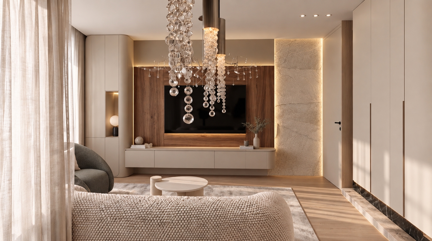 An incredibly lifelike, richly detailed, photorealistic eye-level interior shot of a contemporary living room set in a sophisticated urban apartment. The scene is illuminated by warm, diffused ambient lighting and soft cove highlights, creating a serene and luxurious atmosphere. Captured with a 35mm wide-angle lens, emphasizing the tactile textures of the plush bouclé sofa, the rich walnut wood grain of the media wall, and the perfectly straightened, seamless transition where the organic stone "rock" cladding meets the crisp, flat ceiling line. The composition balances the verticality of the cascading crystal chandelier with the clean, horizontal lines of the floating cabinetry. To the left, sheer drapery filters natural light, casting gentle shadows across the floor, while the stone feature wall—now impeccably aligned with the ceiling edge—acts as a grounding anchor for the minimalist aesthetic, imbuing the space with an air of refined, modern elegance.