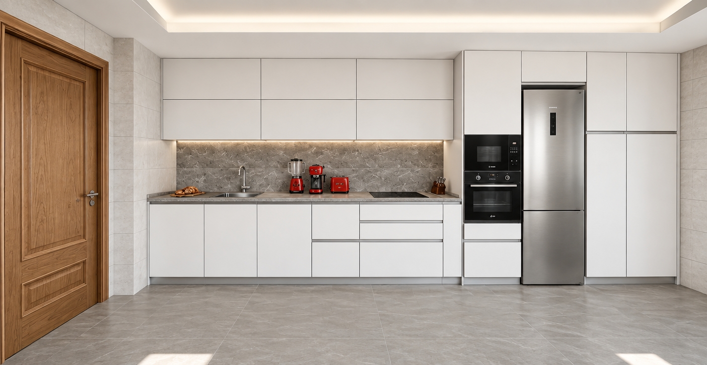 An architectural interior photograph faithfully preserving the exact layout and materials, captured under soft, neutral daylight. The cabinetry features a smooth matte white finish, contrasted by rich, authentic wood grain on the paneled door and subtle mineral veining across the grey stone countertop and matching backsplash. Crisp reflections highlight the glossy red countertop appliances and black glass ovens, balanced by the realistic sheen of the brushed stainless steel refrigerator. Shot straight-on with a sharp architectural lens, the space exhibits natural light falloff, delicate surface micro-textures, and fine grout lines on the grey floor tiles, rendering the scene as a clean, authentic photograph.