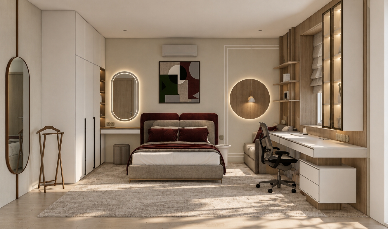 A professional architectural interior photograph of the bedroom taken from a straight-on eye-level perspective with a 35mm tilt-shift lens, strictly preserving the exact geometry, composition, and furniture placement without adding decorative clutter. The scene is illuminated by soft, cinematic daylight balanced with subtle interior luminaires: the oval mirror above the vanity emits a soft outward-facing LED halo and clearly reflects a light door, the wooden circle on the accent wall features gentle perimeter backlighting casting warm light onto the wall, while the tall mirror on the far left remains unlit, cleanly reflecting the opposing room interior. All finishes feature realistic physically based textures, showcasing ultra-matte white cabinetry, rich burgundy velvet and tailored grey woven fabric on the bed, fine micro-grain on the desk surfaces, authentic wall outlet details, and neutral, desaturated light natural wood veneer completely free of orange tones, rendered with accurate contact shadows and subtle depth of field.