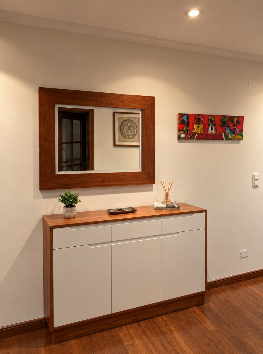 A crisp interior photograph of the hallway, maintaining the exact perspective, composition, and objects, while rendering the baseboard skirting and cabinet plinth in a rich, warm cherry wood finish. Soft warm light from the recessed ceiling spotlight illuminates the scene, casting subtle gradients across the neutral wall and creating gentle reflections in the mirror glass and wooden frame. Surfaces exhibit authentic textures—fine grain on the cherry wood baseboard and cabinet top, smooth matte white cabinet doors, clear reflections on the mirror, and realistic hardwood flooring with mild natural scuffs. Captured with a 35mm lens, sharp focus, natural ISO grain, and balanced indoor exposure that faithfully preserves all original design elements and color palettes.