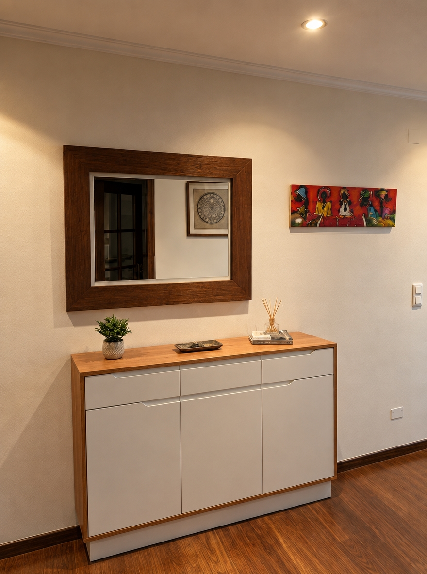 Architectural photograph of the exact entryway scene, faithfully preserving all colors, objects, and layout. Warm, natural recessed spotlighting casts soft shadows across the off-white wall, matte-white and wood sideboard, and polished parquet floor. The dark wood mirror frame, vibrant red artwork, small plant, and tabletop decor maintain their exact original placement and hues. Captured with a sharp 35mm lens, balanced dynamic range, realistic surface micro-textures, subtle lens falloff, and delicate natural film grain.
