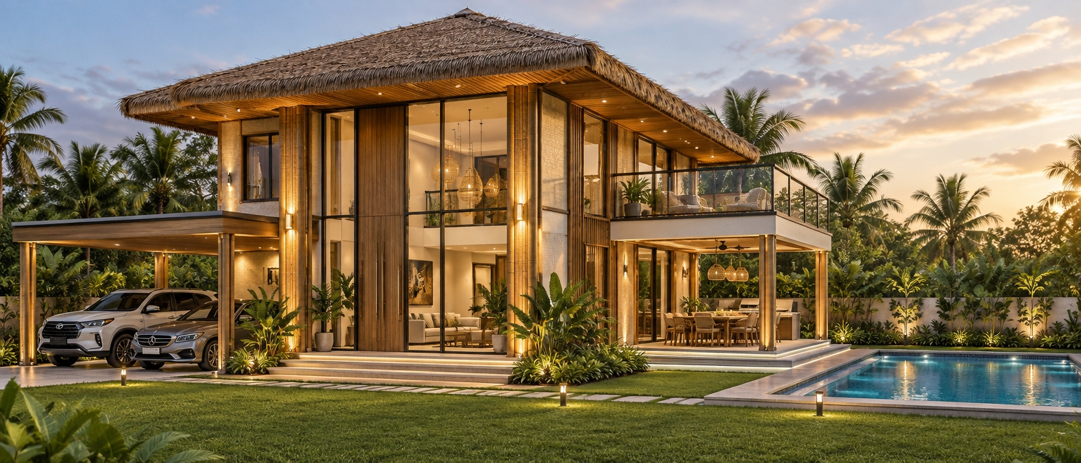 make the exterior 3d into a luxury modern bahay kubo, i want the facade to be very beautiful make the entrance door and glass facade double height. render into a photo realistic image