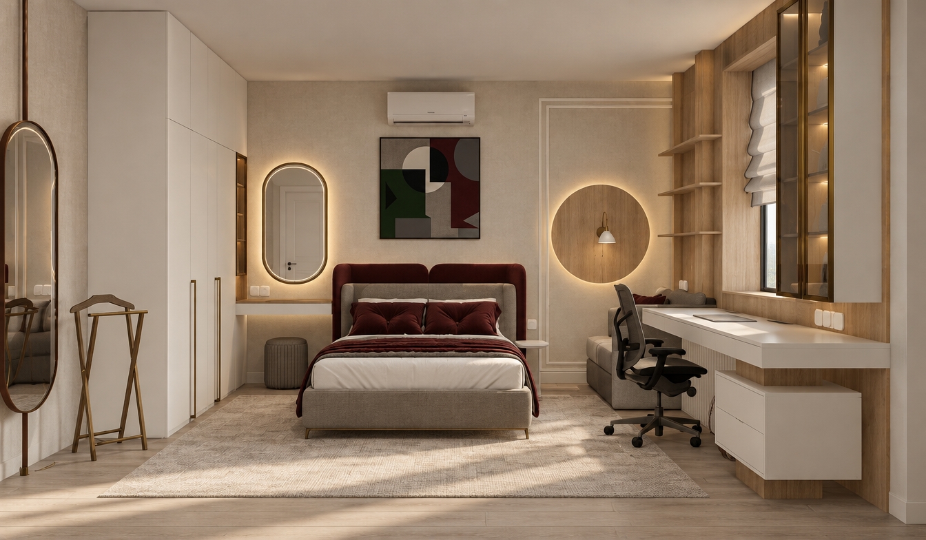 A crisp, straight-on architectural photograph of the bedroom interior, perfectly preserving the exact layout, geometry, and composition without adding any decorative items. The space is illuminated by soft daylight mixed with warm cinematic ambient lighting, featuring subtle perimeter LED backlighting casting outward from the oval vanity mirror and glowing softly behind the circular light-oak wall panel. In the vanity mirror, a clean reflection reveals a white interior door, while the full-height floor mirror on the far left shows a subtle, unlit reflection of opposite furnishings. Materials are tangibly authentic, with tactile woven linen and velvet textures on the bed upholstery, smooth matte white floor-length wardrobe panels accented with brushed brass hardware, muted natural light-oak wood finishes, and sleek brass-framed cabinets with tinted glass. Soft, natural shadow gradients and high-end interior lens clarity give the scene rich depth, balanced exposure, and true-to-life photographic realism.