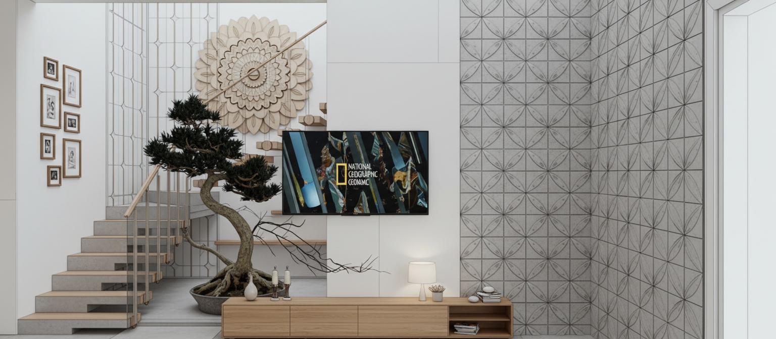An incredibly lifelike, richly detailed, photorealistic interior shot of a minimalist living room sanctuary set in a serene, modern residence. The scene is illuminated by soft, diffused architectural lighting that washes over the clean surfaces, creating a tranquil and uncluttered atmosphere. Captured with a 35mm lens, the image emphasizes the rich texture of the gnarled bonsai tree, the tactile quality of the geometric embossed wall panels, and the sleek finish of the low-profile wooden media console. 

The composition is balanced and symmetrical, drawing the eye from the floating staircase, which acts as a sculptural element, to the central television display featuring vibrant National Geographic imagery. A soothing palette of whites, cool grays, and warm oak tones defines the space, perfectly accented by the Zen-inspired aesthetic of the indoor greenery. Every element, from the understated table lamp to the thin, elegant metal stair railings, reflects a commitment to functional, elegant design, casting subtle, soft-edged shadows that add depth to the room’s impeccable, gallery-like perspective.