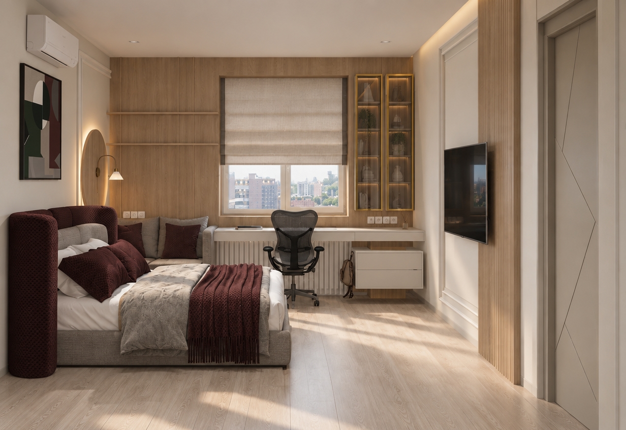 A professional architectural photograph of the bedroom, preserving the exact geometry, perspective, and composition. Soft daylight filters through the window blind, complemented by warm hidden perimeter contour backlighting glowing behind the circular wall panel onto the wall surface. The wood paneling features realistic matte textures and a natural, muted light-oak tone matching the original design without overly warm or orange saturation. The two tall vertical cabinetry units feature slim brass-toned aluminum frames with semi-reflective tinted glass fronts revealing subtle interior reflections. Bedding displays tactile fabric physics, including woven burgundy throws, plush cushions, and natural linen textures, while the floor presents matte light-wood grain with soft ambient occlusion shadows. The wall-mounted TV showcases sleek dark glass reflections, and realistic falloff lighting adds authentic depth and photographic micro-contrast throughout the room.