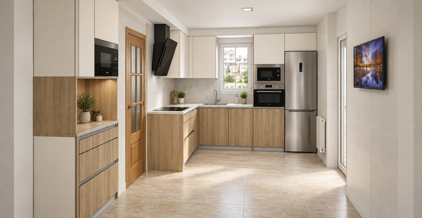 A crisp architectural photograph of the kitchen matching the exact composition and perspective, captured with a wide-angle lens in natural daylight filtering through the central window. The lower cabinetry displays realistic, tactile light oak wood grain textures, contrasting with the smooth matte-finish white upper cabinets and clean tiled walls. Surfaces feature true-to-life physical properties, including brushed stainless steel appliances with subtle specular reflections, smooth polished countertops, and ceramic floor tiles with authentic grout lines and soft surface variations. Balanced ambient lighting creates soft, natural shadows under cabinets and in corners, producing a sharp, clean, and beautifully exposed photograph with subtle depth of field and true-to-life materials.