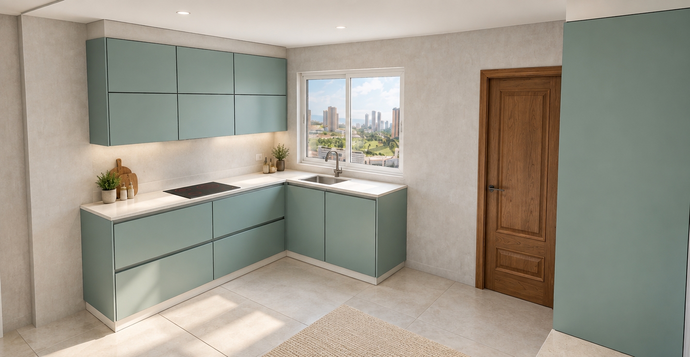 A photorealistic photograph of this exact modern kitchen layout, keeping all geometry, cabinetry, and spatial placement completely identical. Soft, natural daylight pours through the window, illuminating the smooth matte seafoam-green cabinets and polished white countertops with gentle, realistic highlights. The dark cooktop, undermount sink, rich wood-grained door, and light floor tiles exhibit authentic physical micro-textures, accurate specular reflections, and soft ambient contact shadows, captured through a clean architectural wide-angle lens with balanced, true-to-life exposure.