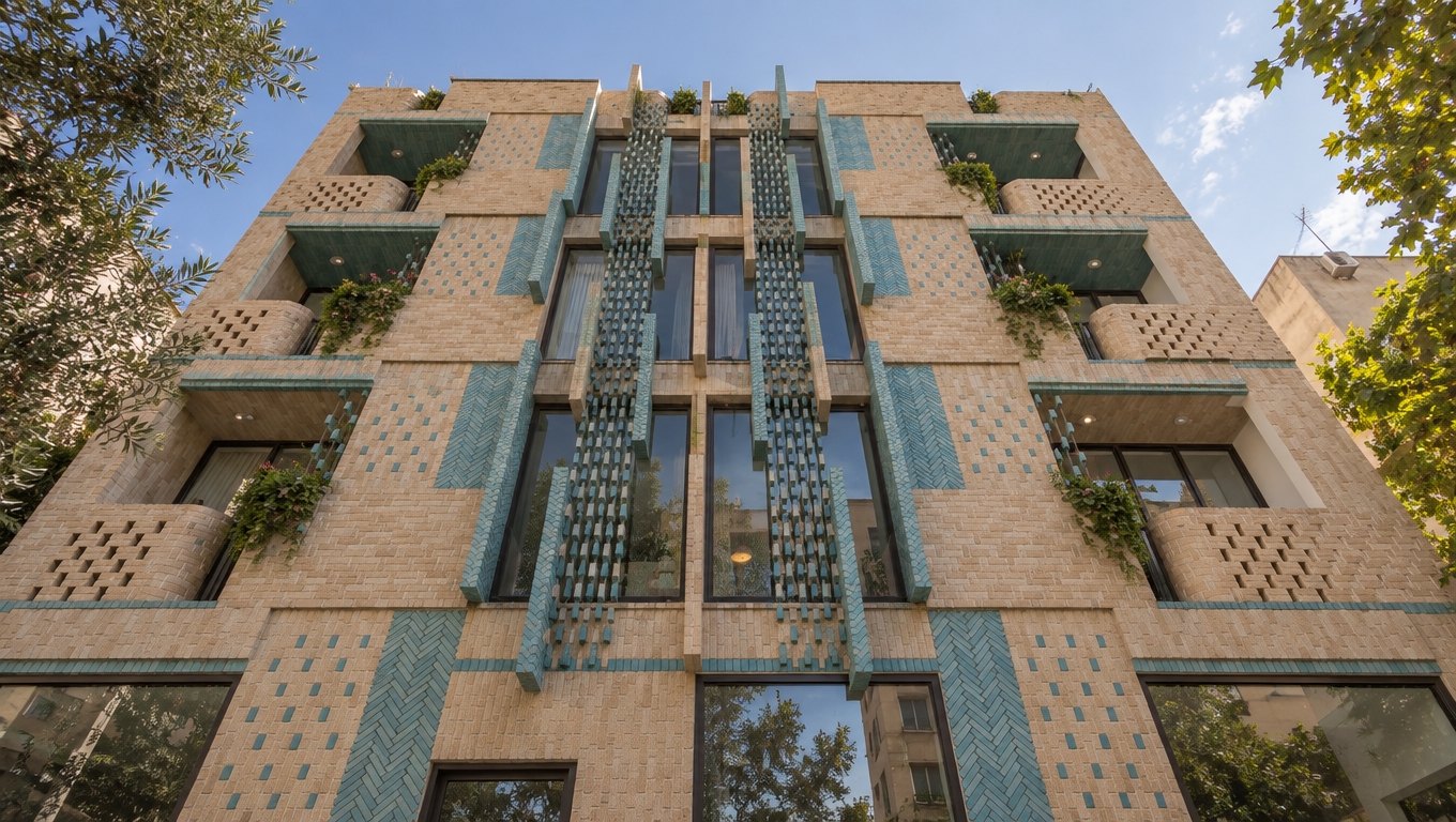 # MASTER PHOTOREALISTIC ARCHITECTURAL TRANSFORMATION – AUTHENTIC IRANIAN BRICK FACADE / COURTYARD VIEW

Transform the uploaded architectural render into an **indistinguishable real-world architectural photograph** of a completed Iranian residential building, viewed **from inside the private courtyard looking directly toward the building façade**.

## ABSOLUTE ARCHITECTURAL PRESERVATION — ZERO REDESIGN

**DO NOT redesign, reinterpret, modify, simplify, or improve the architecture.**

Preserve the original design with **100% architectural fidelity**:

* EXACT original building geometry
* EXACT massing and volume
* EXACT dimensions and proportions
* EXACT façade composition
* EXACT brick pattern and brick arrangement
* EXACT brick colors and color distribution
* EXACT brick modules, sizes, orientation, and spacing
* EXACT decorative brickwork / گره‌چینی
* EXACT arches, frames, reveals, projections, recesses, and setbacks
* EXACT windows and window proportions
* EXACT doors and door proportions
* EXACT balconies and railings
* EXACT openings and voids
* EXACT roofline
* EXACT parapets
* EXACT columns, walls, slabs, and structural elements visible in the façade
* EXACT landscape and courtyard layout
* EXACT position of all existing architectural elements

**ZERO GEOMETRY MODIFICATION.**

Do not add, remove, relocate, resize, reshape, redesign, or reinterpret any architectural element.

The architecture must remain **identical to the uploaded reference**.

The only transformation allowed is:

**RAW ARCHITECTURAL RENDER → REALISTIC BUILT ENVIRONMENT / REAL PHOTOGRAPH**

Improve only:

* material realism
* brick texture realism
* natural imperfections
* lighting
* reflections
* environmental atmosphere
* realistic aging
* photographic quality
* natural landscaping appearance
* subtle signs of real-life use

---

# VIEWPOINT — INSIDE THE COURTYARD

The photograph must clearly appear to be captured **from inside the residential courtyard**, looking toward the main brick building.

The courtyard is located in front of the building and acts as the immediate foreground.

Preserve the **exact original camera position, camera height, viewing direction, perspective, focal length, framing, and composition** from the reference image unless the uploaded image explicitly shows another courtyard viewpoint.

The viewer should feel physically positioned **inside the courtyard**, standing naturally on the courtyard paving and looking toward the building.

The foreground may naturally contain:

* courtyard paving
* subtle planting
* grass
* trees
* flower beds
* natural shadows
* small environmental imperfections

But **do not redesign the courtyard** or change its original layout.

The building must remain the dominant visual subject.

---

# AUTHENTIC IRANIAN BRICK FACADE

The façade must be constructed from **real Iranian architectural brick**, not procedural or computer-generated brick.

Preserve the exact original brick color, pattern, scale, orientation, and arrangement.

Each brick should exhibit realistic physical characteristics:

* subtle color variation from brick to brick
* natural reddish, earthy, warm brown or greenish tones according to the original design
* irregular mineral composition
* slight dimensional variation
* tiny surface pores
* subtle firing marks
* small imperfections
* microscopic scratches
* slightly softened corners
* minor edge chipping
* realistic handmade appearance where appropriate
* natural tonal variation caused by firing
* subtle dust accumulation
* realistic mortar joints
* slight mortar color variation
* tiny installation imperfections

The façade must **not** look like a perfectly repeated texture.

Every brick should feel like an individually installed physical construction material.

### BRICK JOINTS

Preserve the original joint pattern exactly.

Show:

* realistic mortar depth
* subtle mortar recession
* slight irregularity
* natural dust accumulation inside joints
* small weather stains
* slight darkening in protected areas
* realistic moisture behavior

Do not make the joints excessively dark or artificially clean.

---

# REALISTIC IRANIAN BRICK AGING

The building should appear to have been **constructed approximately 5–8 years ago and photographed today**.

The façade should be well maintained but naturally exposed to the Iranian climate.

Add only subtle and believable aging:

* slight dust accumulation
* mild atmospheric pollution
* subtle rain streaks
* tiny water stains beneath projections
* slight discoloration in some mortar joints
* minor UV fading
* subtle color differences between bricks
* small amounts of dust near the lower façade
* realistic environmental staining
* mild weathering around window frames
* subtle aging of metal elements
* naturally weathered sealants

**Do not make the building old, damaged, abandoned, dirty, or neglected.**

It should look like a real, relatively new Iranian residential building that has been lived in and maintained for several years.

---

# AUTHENTIC IRANIAN COURTYARD

The entire scene must feel like a genuine **Iranian residential courtyard**.

The courtyard should have realistic construction and environmental details such as:

* natural Iranian paving materials
* realistic concrete or stone edges
* subtle dust
* small cracks and imperfections
* realistic drainage details
* natural soil
* slightly irregular planting
* authentic Iranian residential landscaping
* realistic courtyard walls
* subtle traces of everyday use

Use vegetation appropriate to Iranian residential architecture, such as:

* cypress
* olive
* pomegranate
* jasmine
* climbing plants
* ivy
* seasonal flowers
* realistic shrubs
* small ornamental trees

Vegetation must remain natural and physically believable.

Do not introduce exotic or fantasy landscaping.

---

# IRANIAN RESIDENTIAL CONTEXT

If neighboring buildings or surrounding context are visible beyond the courtyard, they must look authentically Iranian.

Use realistic Iranian residential architecture such as:

* brick façades
* cream travertine
* painted cement
* exposed concrete
* Iranian stone façades
* aluminum windows
* metal balcony railings
* simple residential doors
* rooftop equipment
* water tanks where naturally appropriate
* gas pipes
* electrical cables
* satellite dishes
* outdoor AC units

The surrounding environment should feel like a real Iranian residential neighborhood rather than a generic Middle Eastern or European environment.

---

# WINDOW AND DOOR REALISM

All windows must remain **100% identical to the original design**.

Real glass behavior:

* physically accurate reflections
* subtle reflection of courtyard trees
* reflection of Iranian sky
* reflection of surrounding architecture
* realistic transparency
* visible interior depth
* subtle curtains
* faint furniture silhouettes
* realistic interior darkness/brightness balance
* subtle warm interior lighting where appropriate

No fake mirror-like reflections.

No exaggerated glossy glass.

Doors should exhibit realistic:

* painted or metal surfaces
* small scratches
* subtle fingerpri