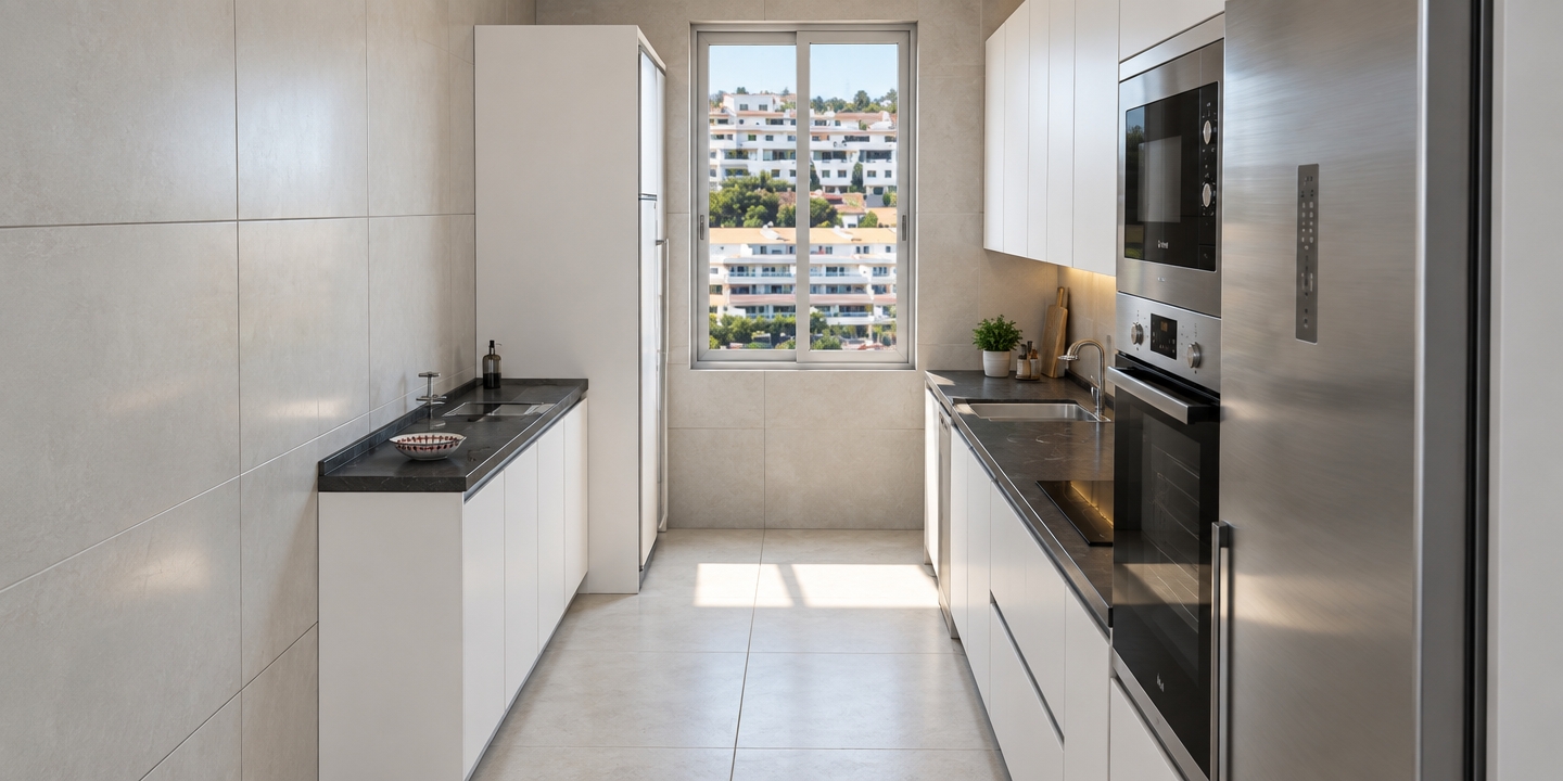 An architectural photograph preserving the exact galley kitchen layout, illuminated by natural daylight streaming through the central window. Cabinets feature smooth matte white finishes paired with tactile dark charcoal stone countertops. The built-in appliances and refrigerator display realistic brushed stainless steel textures with subtle reflections on their dark glass panels. Large-format floor and wall tiles exhibit authentic grout lines and gentle surface sheen. Captured with a sharp wide-angle lens, the scene features balanced daylight falloff, lifelike material physics, and a clearly exposed exterior view with natural depth.