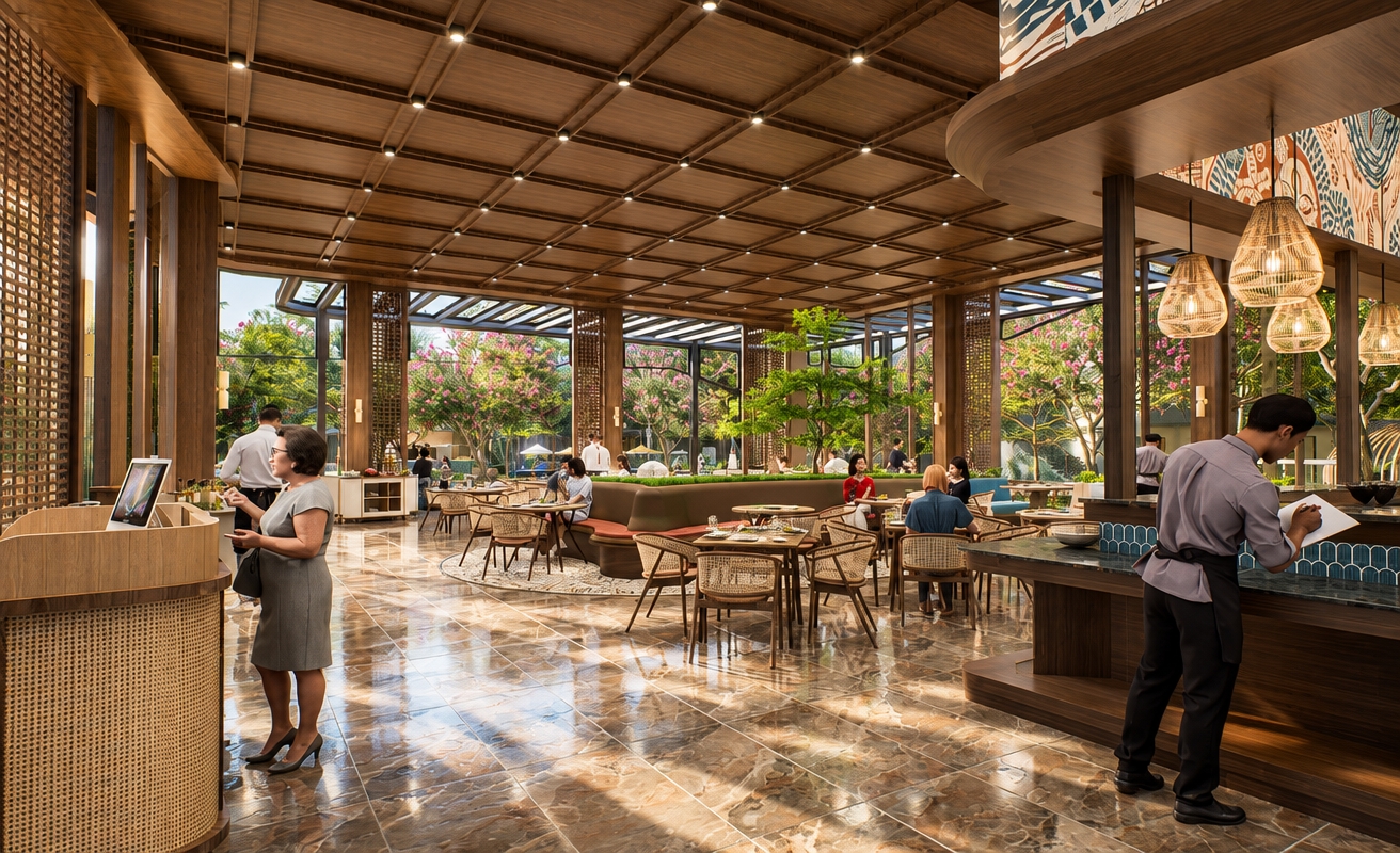 A bright, crisp architectural photograph of the resort dining space bathed in natural midday summer sunlight spilling in from the courtyard, balanced by the warm glow of ceiling spotlights and woven pendant lamps. The glossy stone tile floor displays realistic, imperfect specular reflections and subtle footprints, while the dark wood coffered ceiling and timber columns reveal authentic tactile grain and soft ambient occlusion. Outdoor foliage and blooming trees appear vibrant under clear daylight, casting gentle, filtered shadows into the open dining area. Materials such as woven rattan chairs, fabric upholstery, and the smooth counter surface feature delicate micro-textures and natural wear, captured through a wide-angle lens with authentic optical sharpness, subtle depth of field, faint natural vignetting, and gentle photographic grain.