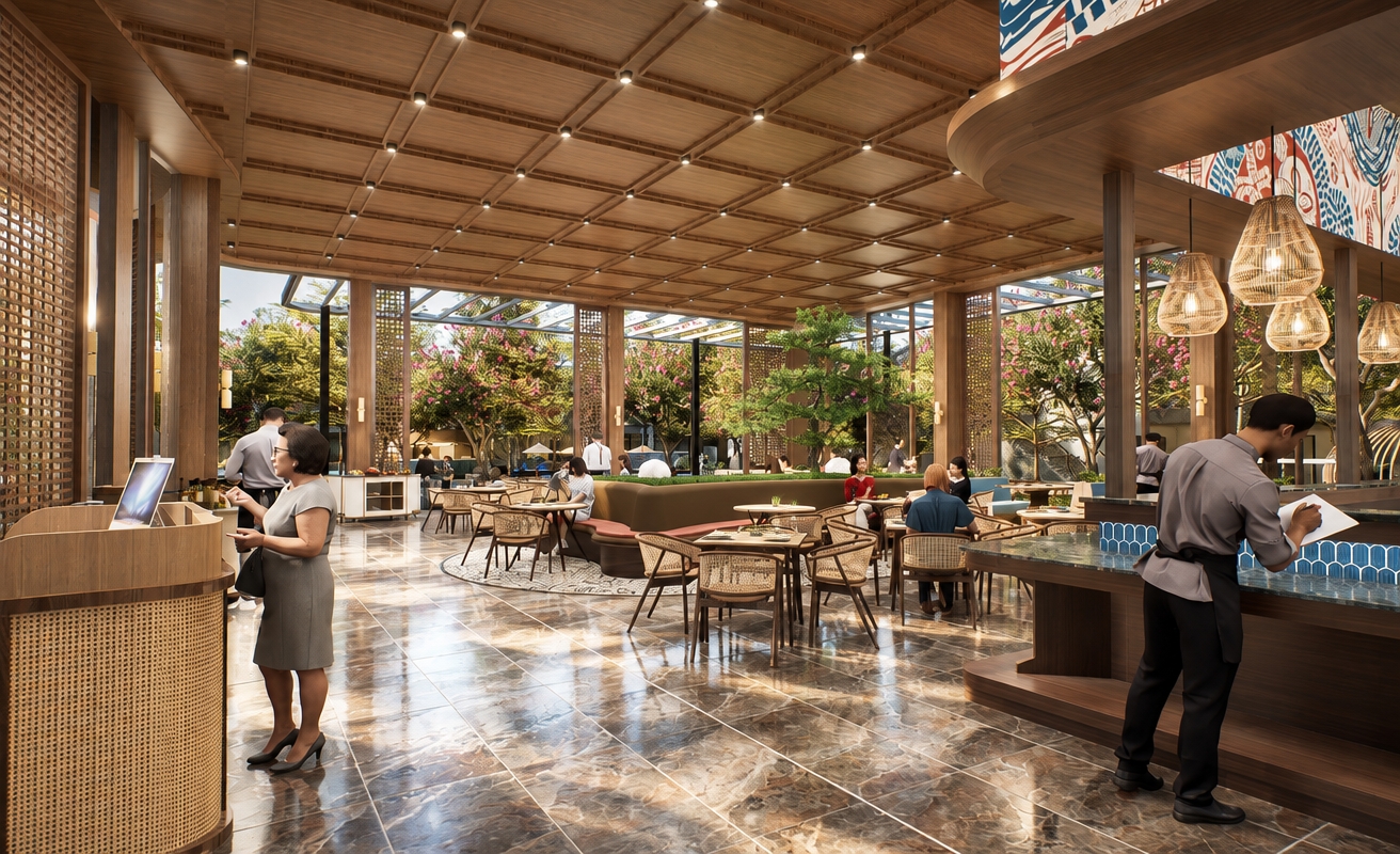 A realistic architectural photograph taken with a wide-angle lens, capturing the restaurant in bright midday summer daylight. Crisp, high-angle sunlight streams through the open patio, creating authentic diffuse reflections and faint scuffs across the polished marble floor. Interior warm spotlights subtly balance the vibrant natural exterior light. Authentic surface details include tactile woven cane, natural wood grain along the coffered ceiling, and realistic fabric folds on the patrons and staff. The shot features natural depth of field, balanced dynamic range, gentle vignetting, and faint film grain.