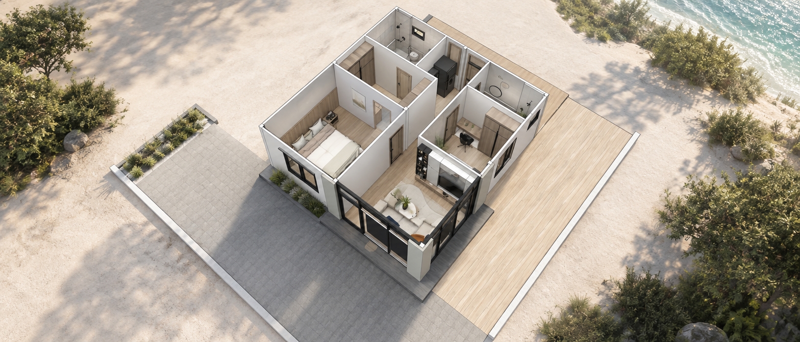 An incredibly lifelike, richly detailed, photorealistic isometric architectural visualization of a modern, compact residential floor plan set in a tranquil, sun-drenched coastal environment. The scene is illuminated by soft, natural morning light filtering through floor-to-ceiling glass, creating a serene and zen-inspired atmosphere. Captured with a 35mm wide-angle lens, emphasizing the crisp textures of light oak flooring, matte-finish wall panels, and the sleek, monochromatic color palette of whites, soft grays, and muted pastels.

The living area serves as a minimalist haven, featuring a streamlined, low-profile sofa paired with a sculptural coffee table, arranged on a neutral rug that grounds the space. Clutter-free surfaces reflect the high-end design, accented by a single, vibrant indoor plant that adds a touch of organic warmth to the cool, contemporary aesthetic. The bedroom, visible from the vantage point, mirrors this elegance with textured wood-paneled walls and crisp linens, while the dedicated home office nook maintains a functional, uncluttered silhouette. Abstract wall art adds subtle visual depth to the pristine white walls, reinforcing the refined, elegant character of this home. Every element—from the slim black metal frames of the windows to the intentional placement of furniture—suggests a life of balance, sophistication, and quiet luxury.