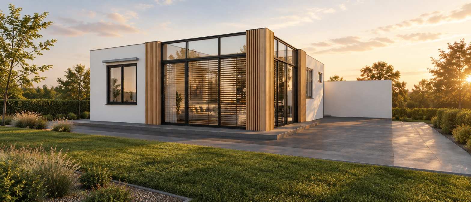 An incredibly lifelike, richly detailed, photorealistic eye-level exterior shot of a modern minimalist haven set in a serene, manicured suburban environment. The scene is illuminated by the soft, golden glow of a late afternoon sun, creating a warm and inviting atmosphere. Captured with a 35mm lens, the focus emphasizes the sharp contrast between the smooth, matte-white stucco facade and the rhythmic, warm-toned vertical timber slats that frame the expansive floor-to-ceiling glazing.

The architecture is a study in streamlined elegance, where a monochromatic palette of crisp whites and charcoal grays is punctuated by the rich, organic texture of the wood accents. Through the expansive glass, one catches a glimpse of a sophisticated, Zen-inspired interior; minimalist furniture in sleek metal and light wood sits amidst clutter-free surfaces and strategically placed indoor plants. Abstract wall art adds a touch of personality against the clean lines, while the play of light and shadow across the window blinds adds depth to the composition. The dwelling rests perfectly on a clean, dark concrete base, surrounded by hints of subtle landscaping that ground the structure in its quiet, tranquil site.