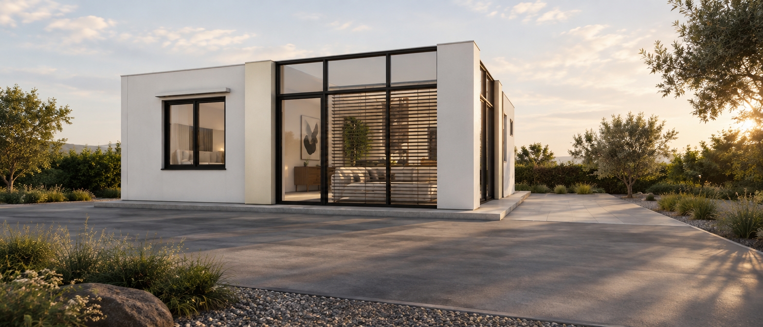 An incredibly lifelike, richly detailed, photorealistic eye-level exterior shot of a modern minimalist residence set in a serene, paved garden environment. The scene is illuminated by the soft, diffused light of a late afternoon sun, creating a tranquil and uncluttered atmosphere. Captured with a 35mm lens, emphasizing the crisp contrast between the smooth, matte-white plaster walls and the sleek, matte-black powder-coated aluminum framing of the expansive floor-to-ceiling windows.

The composition highlights a seamless transition between the exterior and a bright, Zen-inspired living room interior. Through the high-transparency glass, one catches a glimpse of a sophisticated, monochromatic interior palette featuring shades of pearl white, charcoal, and subtle sage pastels. A sleek wooden credenza sits against an abstract piece of wall art, while a lush, vibrant indoor plant provides a singular, organic focal point. The clutter-free surfaces and streamlined furniture reflect a commitment to functional elegance. Outside, the building sits on a polished concrete plinth, with the deep shadows cast by the window louvers adding depth and a sense of architectural rhythm to the clean, geometric facade.