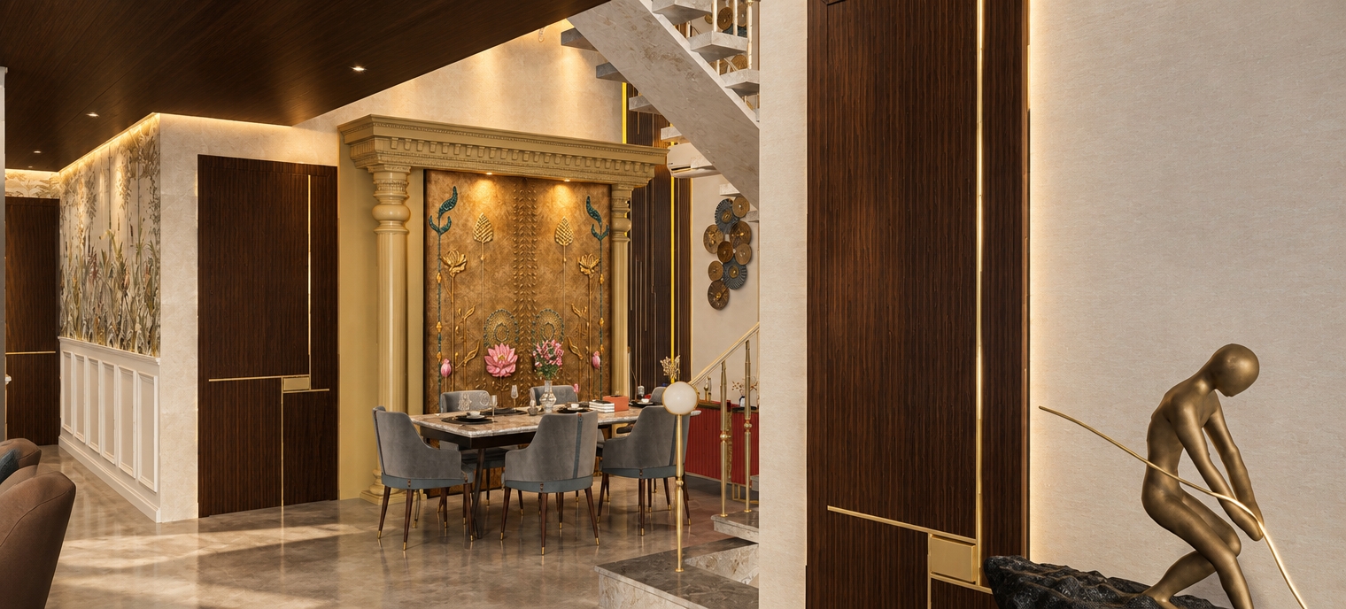 An incredibly lifelike, richly detailed, photorealistic wide-angle interior shot of a luxury dining and living space set in a sophisticated, high-end residence. The scene is illuminated by soft, warm recessed architectural lighting and natural ambient glow, creating an inviting and opulent atmosphere. Captured with a 35mm lens, emphasizing the tactile contrast between the rich, dark-stained vertical-grain walnut paneling and the dramatic, hand-crafted gold-leaf relief mural that serves as the room’s focal point. 

The dining area is anchored by a sleek marble-topped table surrounded by velvet-upholstered mid-century modern chairs in muted slate tones. To the right, a floating staircase with delicate ironwork railings adds a sense of verticality and structural elegance, while a circular metallic wall installation provides a shimmering, contemporary touch. The space is further refined by classic wainscoting and delicate botanical wallpaper in the hallway, grounding the bold, artistic feature wall. Subtle shadows fall across the polished concrete flooring, enhancing the depth and spatial harmony of this curated, avant-garde design, where every texture—from the polished metal accents to the soft fabric upholstery—is rendered with exquisite precision.