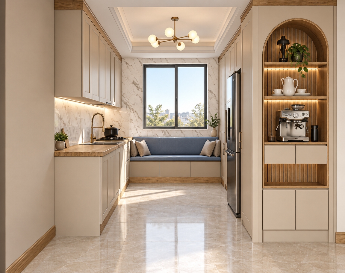 An architectural photograph of the kitchen preserving the exact layout and perspective, featuring medium semi-matte beige cabinetry complemented by natural oak wood countertops, crown moldings, and baseboards. The backsplash and surrounding walls are finished in semi-gloss white marble with delicate grey veins, set above light semi-gloss ceramic floor tiles reflecting soft ambient light. Bright natural daylight streams through the window to merge with the warm glow of a sleek modern chandelier centered on the ceiling. Fine textures across the oak grain, smooth stone, bench seating, and coffee station display sharp photographic clarity, balanced exposure, and realistic interior shadows.
