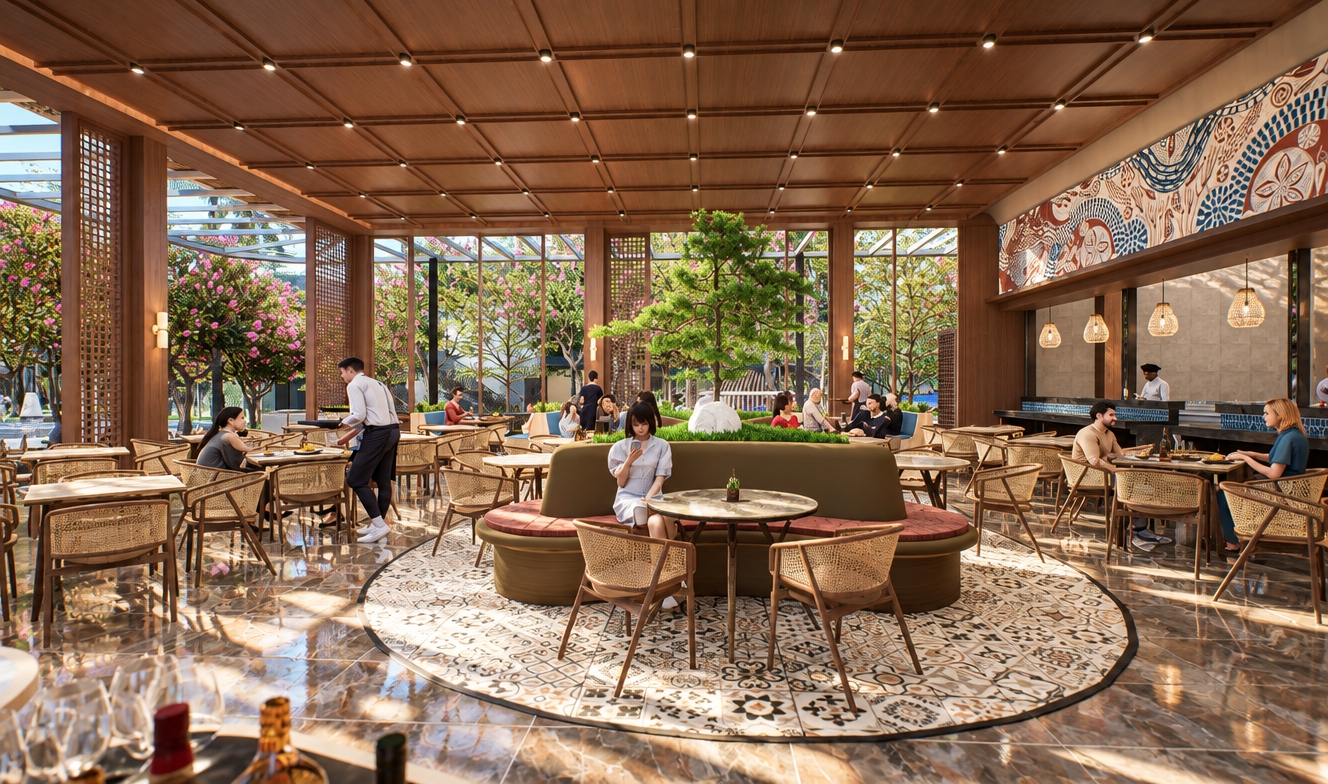A wide-angle architectural photograph of the restaurant interior during a bright summer midday, keeping the exact composition, geometry, and placement intact. Hard, warm natural daylight floods through the floor-to-ceiling perimeter windows, casting crisp, defined shadows across the glossy, subtly scuffed marble floor and the patterned decorative rug. Interior downlights provide a soft, warm fill to balance the intense exterior sunlight illuminating the lush green courtyard trees outside. Surfaces display authentic micro-textures, including realistic cane weaves on the chairs, faint reflections and smudges on the polished stone surfaces, and natural folds in the patrons' summer clothing, captured with clean optical clarity, faint edge vignetting, and subtle photographic grain.
