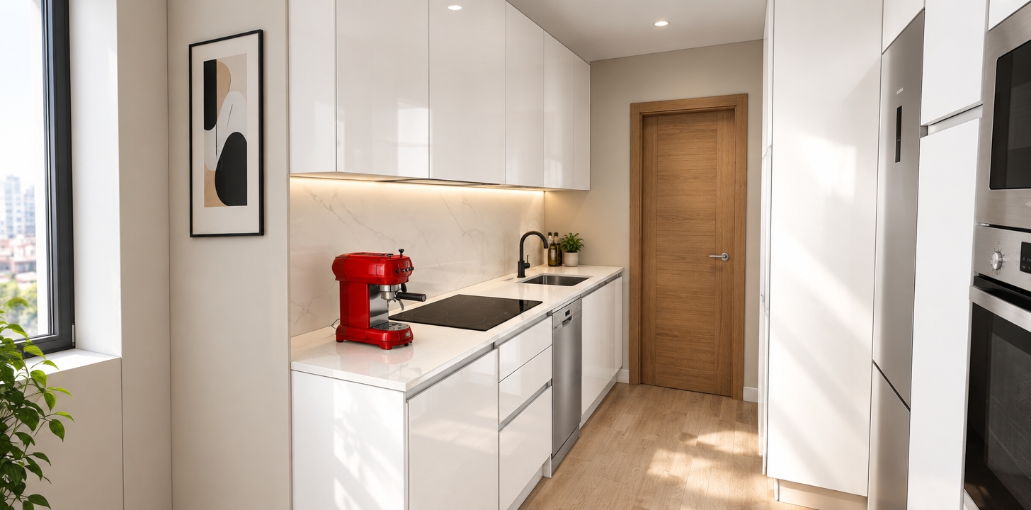 An incredibly lifelike, richly detailed, photorealistic interior perspective of a modern fusion kitchen set in a compact urban apartment. The scene is illuminated by soft, natural morning light filtering through a large side window, creating a clean, serene, and dynamic atmosphere. Captured with a 24mm wide-angle lens, emphasizing the crisp contrast between the matte-white cabinetry and the bold, vibrant red espresso machine perched on the seamless countertop.

The design embodies a sleek, modular aesthetic, where industrial-inspired touches like the matte-black faucet hardware meet the warmth of a rich, oak-grain wooden door. Smooth, high-gloss surfaces reflect the subtle textures of the light hardwood flooring, while a strategically placed piece of abstract, minimalist wall art adds a sophisticated layer of visual interest to the negative space. The composition is clean and geometric, balancing the starkness of the white surfaces with the organic depth of the wooden door and a touch of lush greenery peaking from the periphery. The image captures an inviting, open-concept urban living space that feels both highly functional and artistically curated.