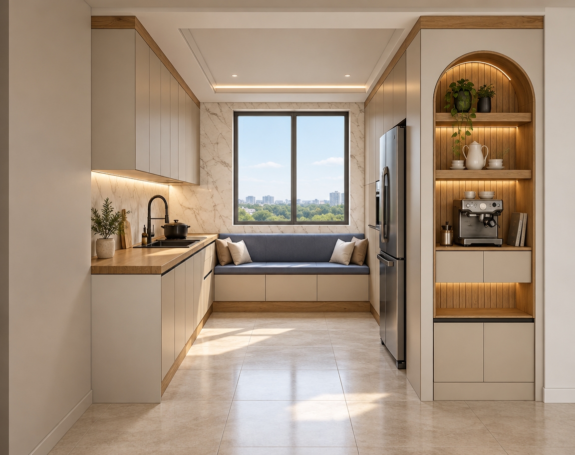 Eye-level architectural photograph capturing the kitchen with its exact geometry and composition preserved. The cabinet faces feature a smooth semi-matte medium beige finish accented with matte black recessed profile handles, paired with natural warm oak wood grain on the countertops, toe kicks, crown molding, and the arched display shelving. Soft, warm under-cabinet strip lighting washes across the counter and marble backsplash, balanced by a sleek modern ceiling fixture and bright daylight diffusing through the central window onto light, semi-gloss ceramic floor tiles with authentic contact shadows and natural material textures throughout.