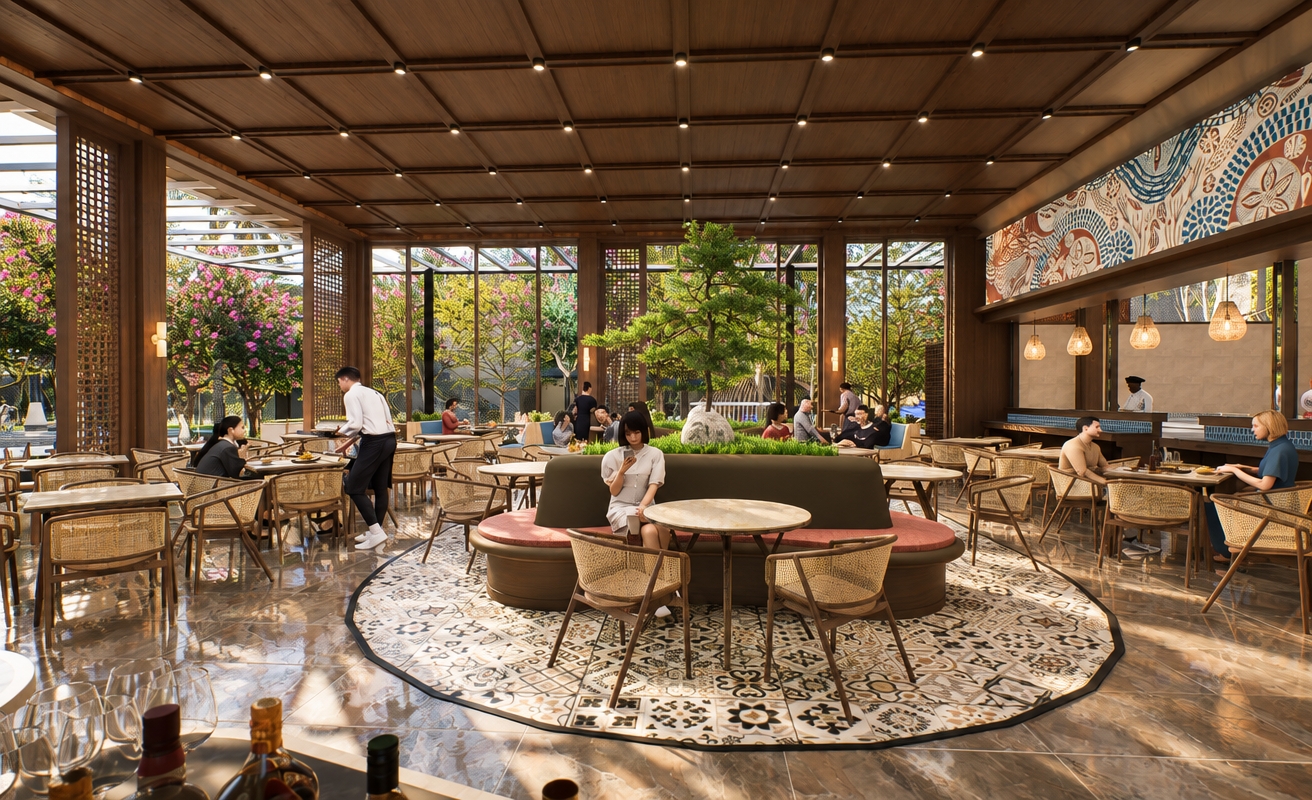 A photorealistic architectural photograph capturing the restaurant interior during a bright summer midday, where harsh natural sunlight streams through the perimeter glass walls and contrasts with the ambient warmth of the recessed ceiling fixtures. The polished stone floor features subtle surface reflections, soft foot traffic wear, and precise reflections of the cane chairs and patrons. True-to-life textures render the woven rattan seats, rich wood paneling, tactile foliage of the central indoor planter, and the vivid patterned floor mosaic. Shot with a wide-angle architectural lens, the image displays crisp depth of field, balanced highlight roll-off in the sunlit outdoor garden, gentle optical vignetting, and fine photographic grain for an authentic, unstaged capture.
