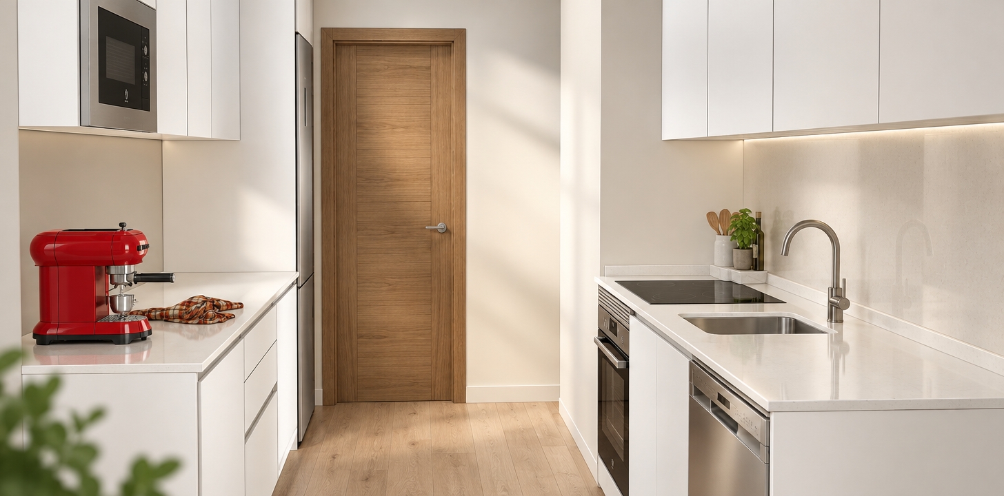 An incredibly lifelike, richly detailed, photorealistic eye-level interior photograph of a modern fusion galley kitchen set in a high-end urban apartment. The scene is illuminated by soft, diffused morning light filtering in from an unseen source, creating a clean, serene, and inviting atmosphere. Captured with a 35mm lens, emphasizing the crisp contrast between the matte white cabinetry and the warm, natural grain of the central oak-veneered door.

The composition centers on a balanced galley layout where sleek, handleless white modules create a minimalist aesthetic, punctuated by the vibrant, bold pop of a retro-styled red espresso machine resting on a pristine, seamless quartz countertop. To the right, high-end stainless steel appliances—a flush-mounted induction cooktop, a compact oven, and a quiet-running dishwasher—integrate perfectly into the geometry of the space. A slim, brushed-nickel faucet curves elegantly over the integrated sink, reflecting the ambient light. The floor features light-toned, brushed oak planks that ground the space, while a hint of lush greenery peeks in from the foreground to introduce organic texture. The walls are finished in a soft, gallery-white plaster that highlights the abstract, minimal wall art suggested in the perimeter, blending industrial-inspired functionality with sophisticated contemporary design. The image possesses a shallow depth of field, drawing the eye toward the rich tactile quality of the wood and the glossy, reflective surfaces of the kitchen tech.