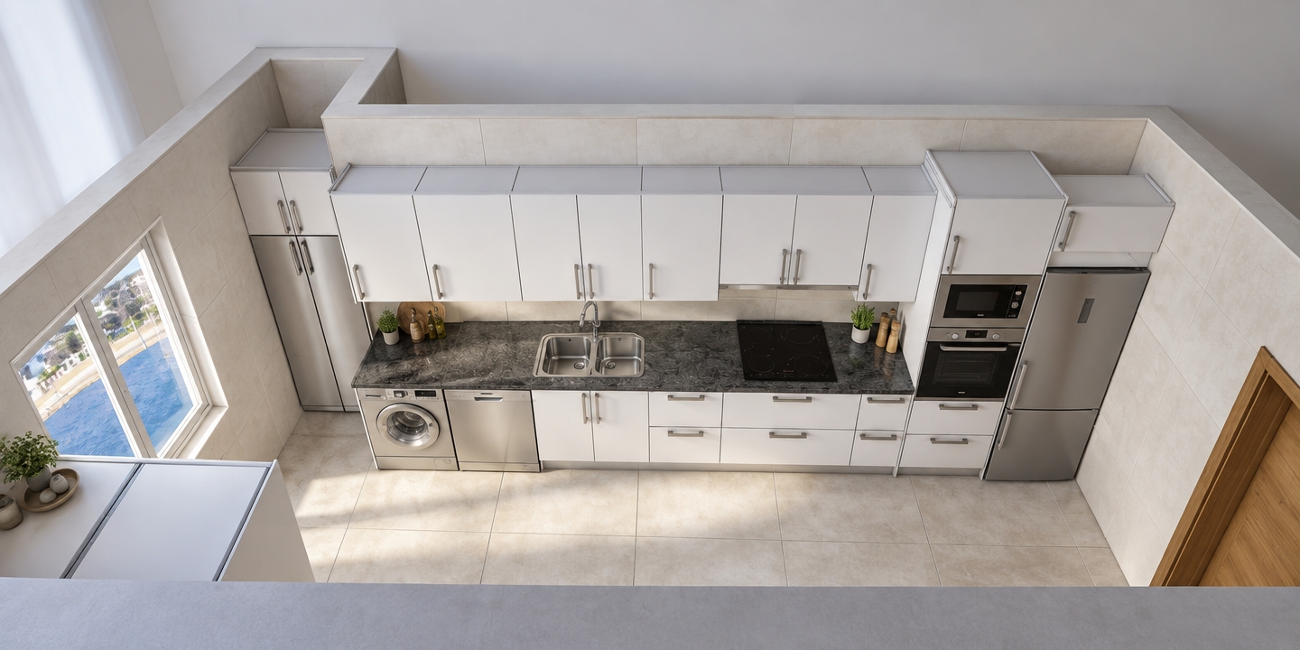 High-angle architectural photograph capturing the exact kitchen layout, materials, and cutaway perspective from the reference image. Bright natural daylight pours through the side window, casting soft ambient shadows across large-format light ceramic floor tiles. Matte white cabinetry with brushed metal handles lines the walls, paired with a dark honed granite countertop. The integrated appliances—refrigerator, oven, dishwasher, washing machine, and undermount double sink—feature photorealistic brushed stainless steel and glossy black glass finishes with subtle reflections. Fine natural wood grain details the doorway corner, illuminated by balanced interior lighting with authentic material textures and crisp photographic exposure throughout.