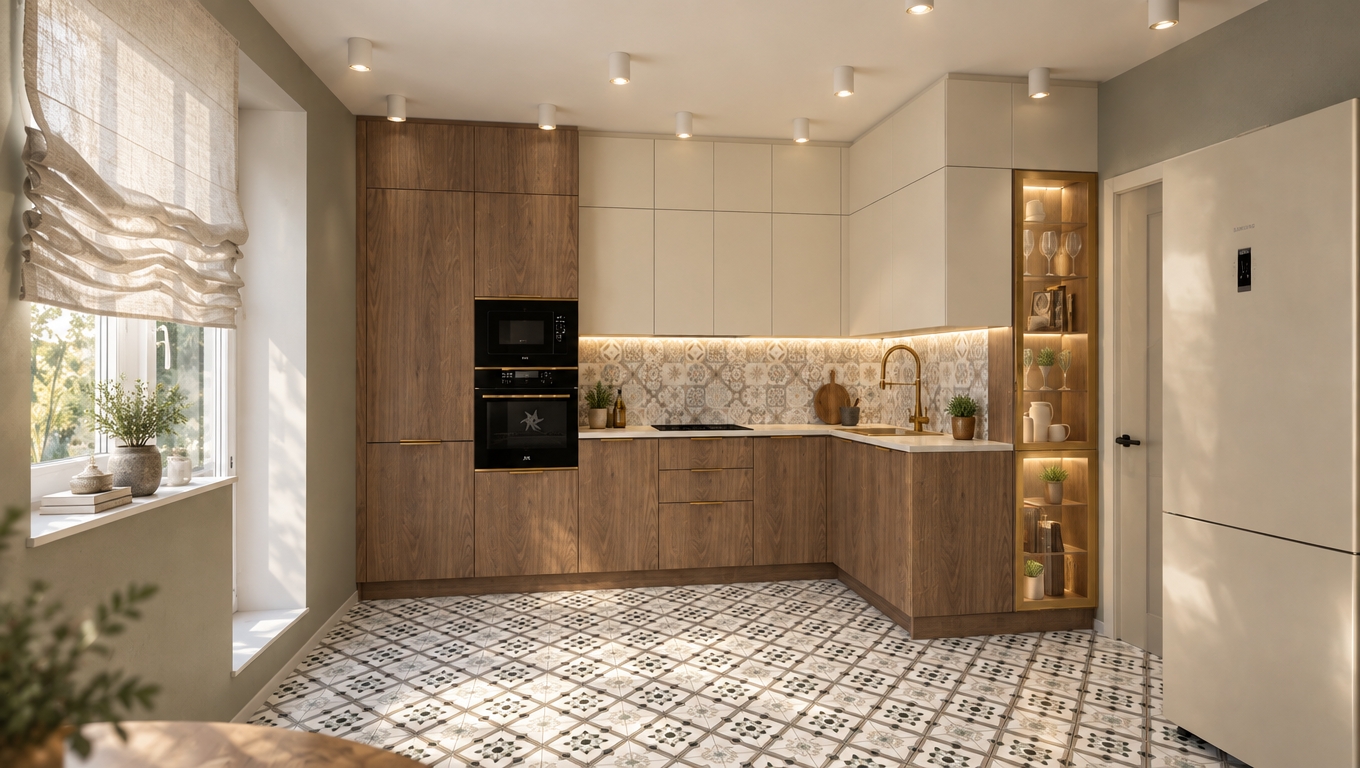 A photorealistic interior photograph preserving the exact layout, geometry, and perspective of the kitchen, captured with realistic architectural lighting. Soft natural daylight diffuses through the window, softened by a light, airy, translucent window shade in pale tones harmonizing with the patterned floor tiles. Warm LED strip lighting is added beneath the upper cabinets, casting an even, practical glow across the countertop and patterned tile backsplash, while matching integrated warm LED lighting softly illuminates the shelves inside the glass display cabinet. The surfaces display authentic physical textures, including natural tactile wood grain, subtle specular reflections on the glossy floor tiles and appliances, realistic shadows, and delicate photographic grain for lifelike depth.