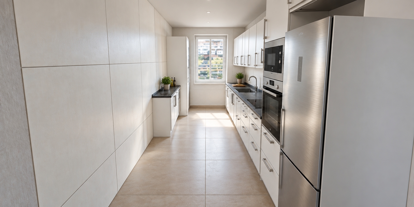 An authentic architectural photograph of the identical kitchen composition, bathed in natural daylight streaming through the far window. Matte white cabinet surfaces, brushed stainless steel appliances, and dark composite countertops feature realistic micro-textures and subtle light reflections. Large beige floor tiles display authentic grout seams and faint surface variation. Soft interior ambient light and delicate contact shadows provide depth, perfectly preserving the exact geometry, perspective, and materials with crisp photographic clarity.