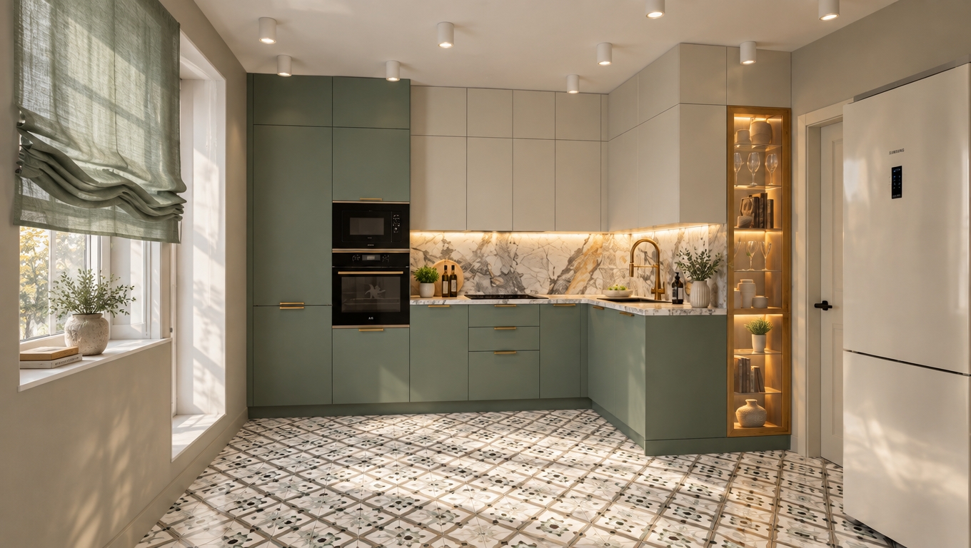 A wide-angle interior photograph of this kitchen preserving the exact composition and layout, illuminated by soft daylight from the window and warm 3000K LED task lighting glowing under the upper cabinets onto the marble backsplash and counters. The glass display cabinet features an integrated warm interior LED glow reflecting off glassware. The window features an airy, semi-sheer curtain rendered in a muted sage green matching the lower cabinetry, letting diffuse natural light filter softly into the room. Realistic surface textures show matte cabinet finishes, subtle ceramic tile sheen on the patterned floor, realistic marble veining, brass hardware reflections, gentle depth of field, and delicate micro-contrast characteristic of professional architectural photography.
