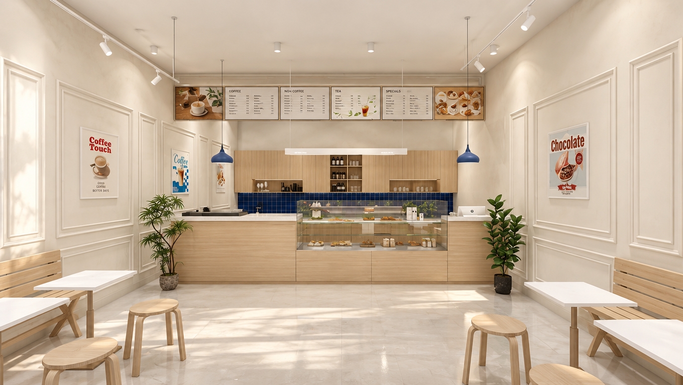 An incredibly lifelike, richly detailed, photorealistic interior shot of a serene coffee shop set in a minimalist haven. The scene is illuminated by soft, diffused midday light streaming in to create a tranquil, zen-inspired atmosphere. Captured with a 35mm lens, emphasizing the crisp contrast between the fine-grained light wood cabinetry and the cool, matte blue tile backsplash behind the service counter. 

The space embodies a refined, monochromatic aesthetic, featuring elegant wall molding that adds architectural depth to the subtle off-white surfaces. Sleek, streamlined wooden furniture and minimalist stools are arranged with geometric precision across the pristine, light-toned floor. Clutter-free surfaces and strategically placed indoor plants introduce organic warmth, while the high-resolution menu boards and curated wall posters provide a sophisticated, functional focal point. The composition is perfectly balanced, offering a wide, symmetrical perspective that highlights the clean lines and airy, uncluttered elegance of this modern coffee sanctuary.