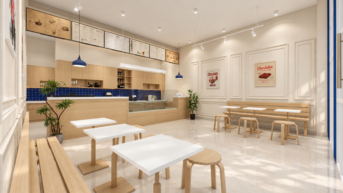 An incredibly lifelike, richly detailed, photorealistic interior shot of a minimalist coffee shop set in a quiet urban neighborhood. The scene is illuminated by soft, diffused midday light streaming through unseen windows, creating a serene, zen-inspired atmosphere. Captured with a 35mm wide-angle lens, emphasizing the crisp textures of light oak cabinetry, smooth white tabletops, and the subtle contrast of deep blue mosaic tiles.

The space serves as a minimalist haven, defined by its uncluttered, streamlined design. The walls, finished in elegant shades of off-white with delicate neoclassical molding, provide a sophisticated backdrop for framed abstract prints and vintage-inspired chocolate advertisements. Sleek wooden benches paired with modular white tables create an airy, functional seating area, while a small, vibrant green indoor plant adds a touch of organic life to the corner. The floor, a polished light-toned surface, reflects the gentle overhead glow, enhancing the open and airy perspective of this modern, clutter-free retreat.