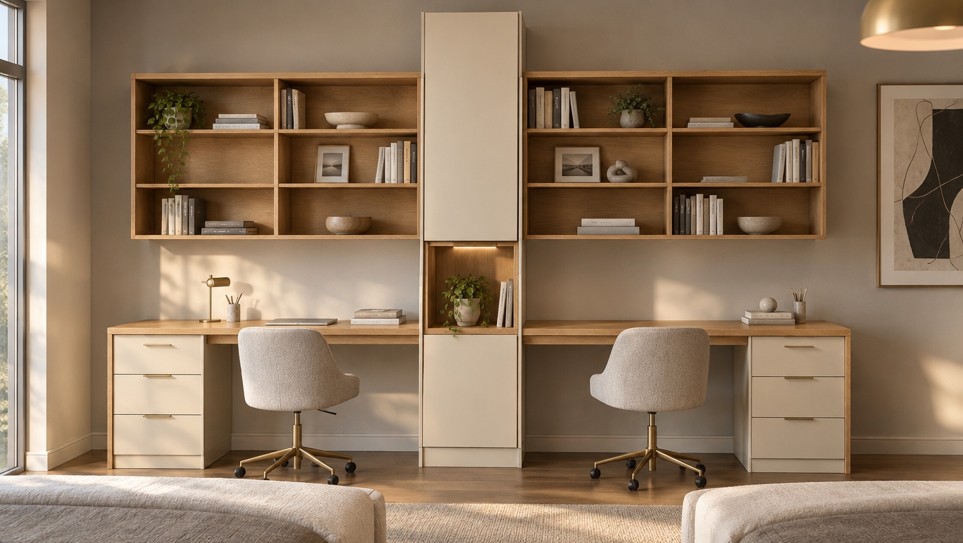 An incredibly lifelike, richly detailed, photorealistic interior shot of a bespoke dual-workstation bedroom set in a sun-drenched, contemporary home. The scene is illuminated by soft, diffused morning light filtering through an adjacent window, creating a refined and airy atmosphere. Captured with a 35mm wide-angle lens, emphasizing the warm, honey-toned oak wood grain of the floating bookshelves and desk surfaces, which contrasts beautifully against the smooth, matte champagne-lacquered cabinetry. 

The composition is perfectly symmetrical, balancing the expansive desk space with clean-lined storage, reflecting a sense of sophisticated order. Polished stone elements on the desk edges catch the natural light, while slim, brushed-metal hardware provides a subtle, modern accent. The surrounding walls, finished in a soft, atmospheric pearl gray, serve as a gallery-like backdrop for curated decor and abstract wall art, while a hint of a tailored, upholstered bed edge suggests a space designed for both productivity and repose. A sculptural pendant lamp, visible in the periphery, reinforces the room's elegant and intentional design language.