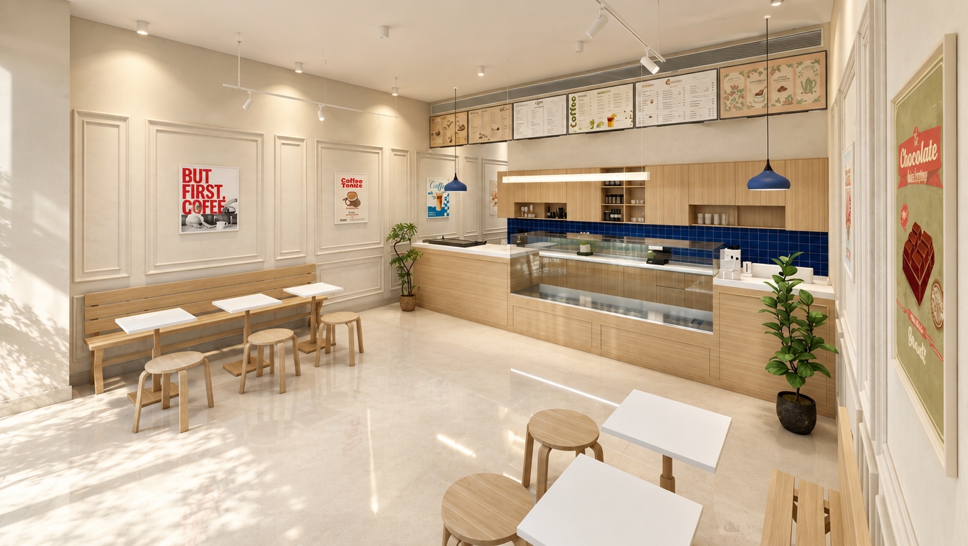 An incredibly lifelike, richly detailed, photorealistic interior shot of a minimalist coffee shop set in an urban environment. The scene is illuminated by the soft, diffused glow of midday light spilling through, creating a serene, zen-inspired atmosphere. Captured with a 35mm wide-angle lens, emphasizing the crisp textures of light-grained oak cabinetry and the polished, seamless cream-toned flooring. 

The space functions as a minimalist haven, characterized by streamlined, functional design and a monochromatic palette punctuated by subtle, calming pastels. The walls, adorned with elegant recessed molding, feature thoughtfully curated abstract art and classic coffee-themed posters, adding a touch of personality to the uncluttered environment. Sleek wooden benches paired with simple, sturdy stools create an airy, open layout, while strategically placed indoor plants introduce a vibrant organic touch. The contrast between the warm wood finishes and the deep, rich blue accent of the back wall creates a sophisticated focal point, while the lack of surface clutter emphasizes a commitment to simplicity, elegance, and modern comfort.