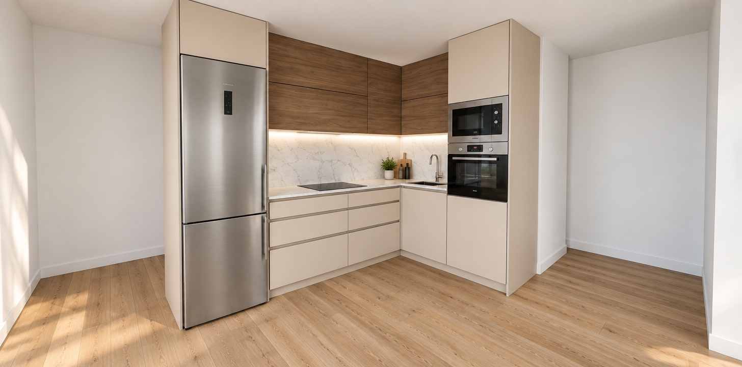 A clean architectural photograph capturing the exact modern L-shaped kitchen layout and perspective, illuminated by soft, natural ambient daylight filling the space. The materials are rendered with precise physical accuracy: brushed stainless steel with realistic grain and subtle reflections on the tall refrigerator, authentic rich wood grain on the horizontal upper cabinets, smooth matte beige lacquer on the cabinetry fronts, polished white marble backsplash with soft grey veining, and a natural textured light oak floor. Soft, diffuse contact shadows ground the cabinetry onto the flooring, with subtle reflections on the glossy oven glass, sleek induction cooktop, and polished chrome faucet, captured with a sharp wide-angle lens, balanced exposure, and subtle natural film grain.