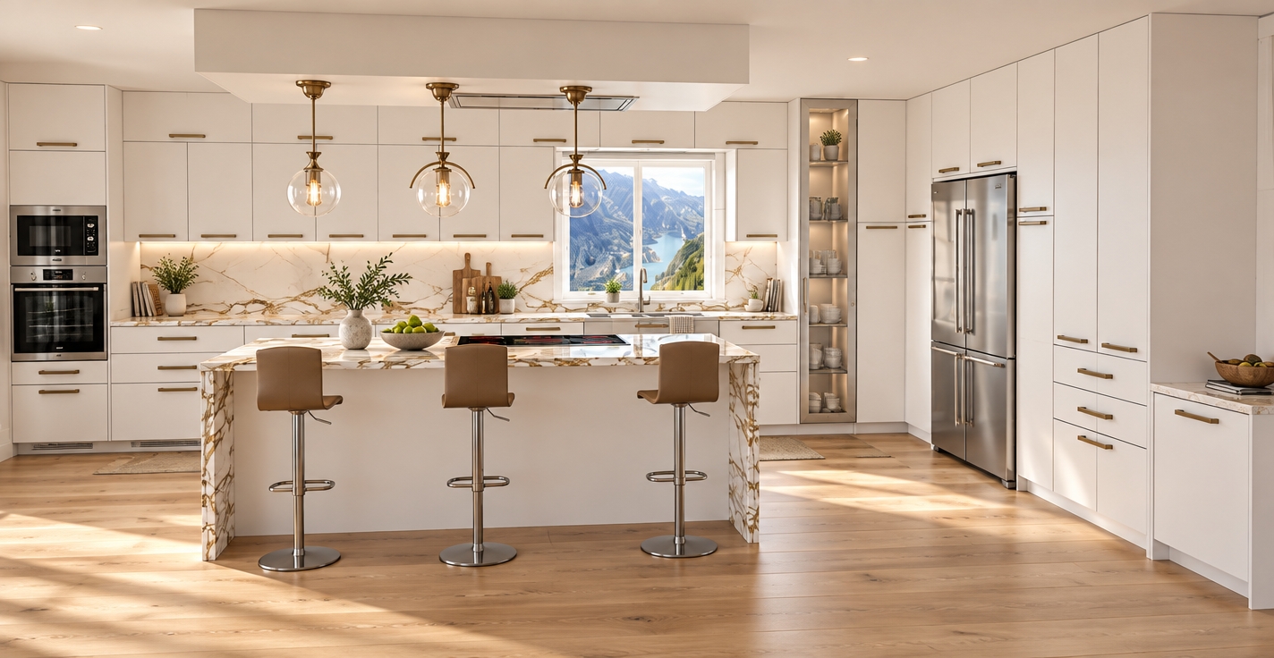 A photorealistic interior photograph of this modern kitchen, perfectly preserving the exact layout, geometry, cabinetry, and camera perspective. Bathe the space in bright, natural daylight streaming through the central window, casting soft shadows across the warm, light oak plank flooring. Render the white cabinetry in a flawless matte finish with subtle, tactile edge highlights, contrasted by brushed bronze or wooden pull handles. The waterfall island and main countertops display glossy Calacatta gold marble with rich, organic amber and grey veining, subtly reflecting the warm glow of the three overhead glass pendant lights. Add tasteful, lived-in decor such as a small bowl of fresh fruit or a minimal ceramic vase on the island, a neatly folded linen towel near the sink, and subtle culinary essentials on the rear counter. Ensure polished reflections on the stainless steel refrigerator and built-in ovens, with crisp mountain-view daylight through the window, captured sharply on a professional full-frame lens with natural depth of field.