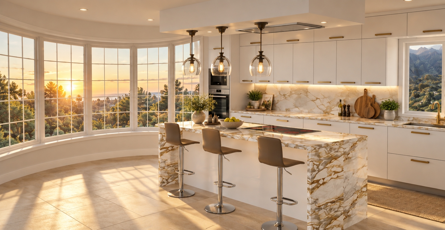A photorealistic architectural interior photograph capturing the exact layout, geometry, and materials of the kitchen, bathed in warm, directional golden hour sunlight streaming through the large curved bay window. The polished Calacatta gold marble countertops exhibit realistic subsurface scattering, reflective depth, and subtle veining, complemented by tastefully placed kitchen styling accessories such as a sleek ceramic bowl of fresh fruit on the island, cutting boards, and subtle countertop essentials. The matte white cabinetry shows fine seams and subtle brushed metallic handles, while the chrome barstools and glass pendant fixtures cast soft shadows and exhibit accurate specular highlights. Light fills the room naturally with gentle ambient bounce across the warm beige tiled floor, captured on a wide-angle lens with sharp focus, crisp dynamic range, and authentic photographic depth.