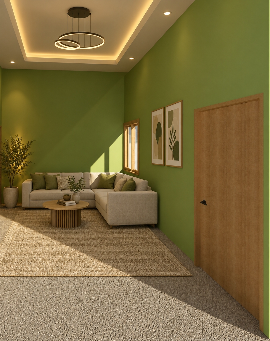 modern sofa with modern false ceiling and modern matting with lighting and wall color match with design