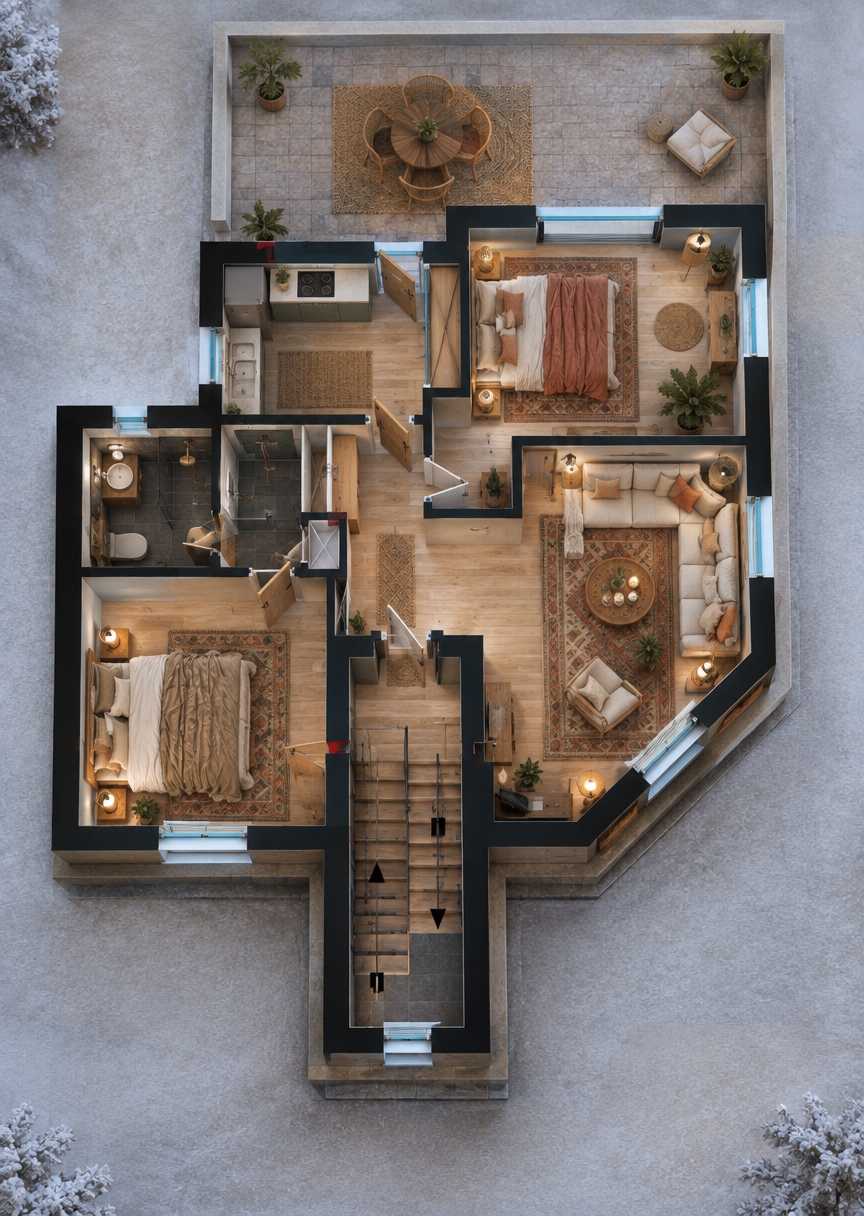 An incredibly lifelike, richly detailed, photorealistic top-down architectural photograph of a fully furnished bohemian apartment interior set in a quiet, snow-draped city during a winter night. The scene is illuminated by warm ambient sconces, woven rattan pendant lamps, and soft candlelight, creating an inviting, cozy bohemian oasis atmosphere contrasted against the deep indigo chill visible through frosted glass windows. Captured with an architectural tilt-shift lens from an elevated perspective, emphasizing rich textures like natural blonde hardwood flooring, layered macramé and patterned kilim rugs, and lush indoor greenery. The angled living room radiates warmth with plush terracotta and off-white modular sofas gathered around a carved timber coffee table, while the two peaceful bedrooms feature rumpled linen duvets on low platform beds flanked by soft bedside glows, effortlessly balanced by a modern, slate-tiled bathroom featuring warm timber accents and a softly illuminated vanity.