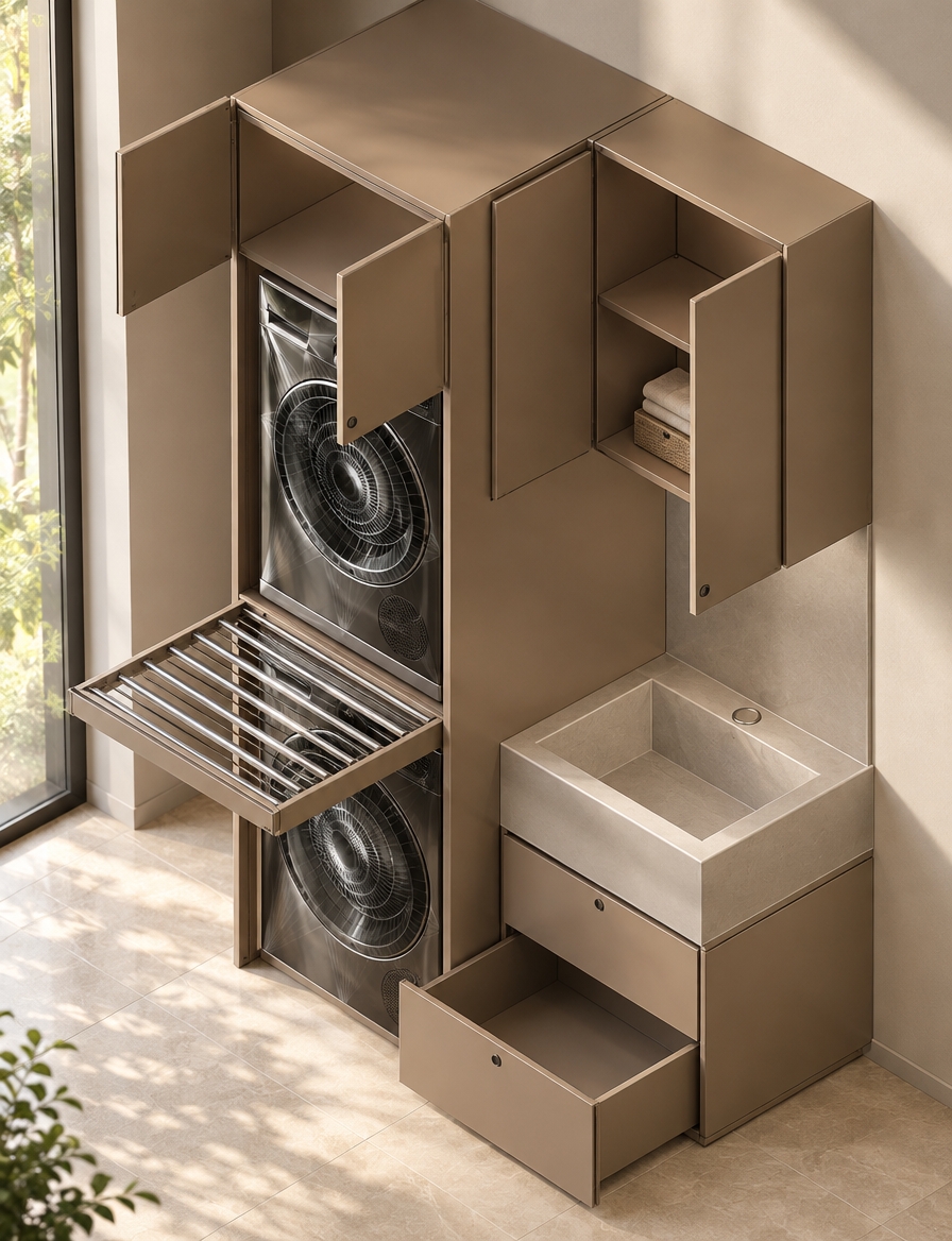 An incredibly lifelike, richly detailed, photorealistic isometric view of a custom mudroom laundry unit set in a sun-drenched, contemporary home. The scene is illuminated by soft, natural morning light streaming from an adjacent window, creating a serene and organized atmosphere. Captured with a 35mm lens, emphasizing the smooth, satin-matte finish of the light brown lacquer cabinetry and the tactile depth of the functional hardware.

This bespoke mudroom installation showcases a perfect marriage of form and utility, finished in a sophisticated, muted shade of light brown lacquer that exudes contemporary elegance. The vertical cabinetry features an integrated laundry drying station, where ventilated, circular geometric detailing allows for efficient airflow, accented by a sleek, retractable drying rack extended for use. Beside the laundry module, a minimalist utility sink is seamlessly recessed into a smooth countertop, complemented by overhead cabinetry and a deep, smooth-gliding lower storage drawer. Every edge is crisp and refined, reflecting a high-end interior design aesthetic where functional daily tasks are elevated by clean lines, organic color palettes, and meticulous craftsmanship. The composition balances open shelving and closed storage, suggesting a clutter-free, highly efficient space designed for the modern lifestyle.