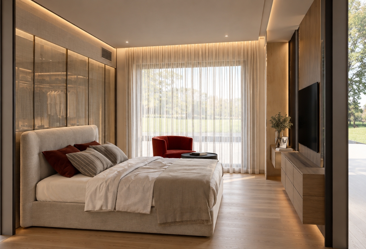 An incredibly lifelike, richly detailed, photorealistic interior shot of a sophisticated master bedroom set in a tranquil, contemporary residence. The scene is illuminated by the soft, diffused glow of natural daylight filtering through floor-to-ceiling sheer linen curtains, complemented by warm, recessed indirect lighting tracing the perimeter of the room, creating an inviting and serene atmosphere. Captured with a 35mm wide-angle lens, the composition emphasizes the plush texture of the curved, velvet-upholstered headboard and the seamless transition of the light-toned white oak flooring. The feature wall behind the bed serves as a striking focal point, showcasing a refined partition of framed, semi-translucent glass that offers a tantalizing, veiled glimpse into the organized elegance of the adjacent dressing room. A bold, crimson-hued accent chair sits gracefully near the window, providing a vibrant contrast to the soothing, neutral palette, while a minimalist wood-veneer media console anchors the opposite side of the room. Every detail—from the crisp folds of the bedding to the delicate reflections on the glass partition—evokes a sense of curated, understated luxury and modern comfort.