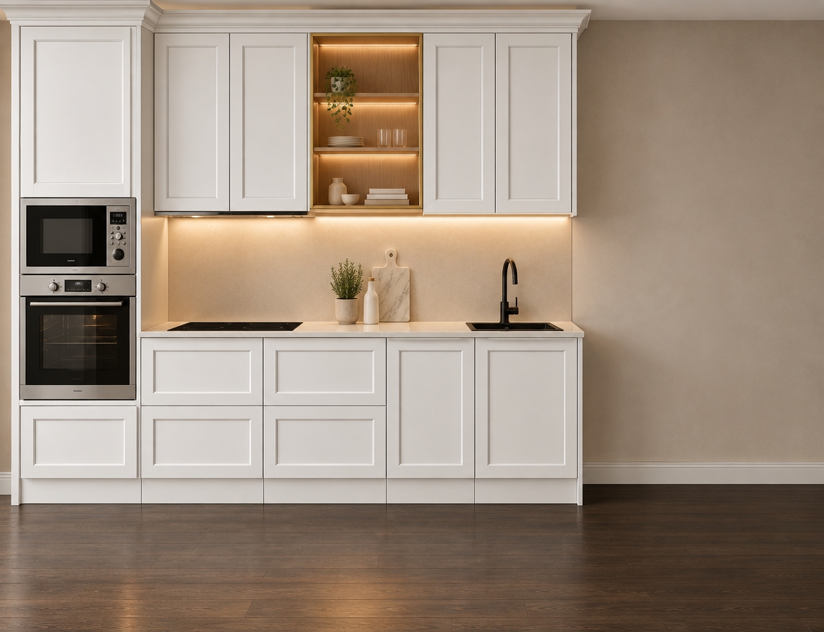 An incredibly lifelike, richly detailed, photorealistic eye-level interior shot of a sophisticated contemporary-classic kitchen set in an elegant modern apartment. The scene is illuminated by soft, warm under-cabinet LED strip lighting washing the backsplash and a discreet glow emanating from the integrated range hood, creating a welcoming, luxurious, and serene atmosphere. Captured with a professional full-frame camera and a sharp 35mm tilt-shift lens, emphasizing the refined millwork, crisp textures, and sleek contrasting elements. 

The pristine cabinetry is finished in a smooth matte white, featuring classic recessed-panel shaker milling with precise shadow lines, matched by an unbroken white plinth and an ornamental crown molding at the ceiling. Anchoring the left side is a tall utility column housing a built-in stainless-steel microwave and matching oven with polished control dials and dark reflective glass doors. Spanning the lower units is a seamless, light off-white matte countertop that hosts a sleek, black four-burner electric induction cooktop set flush on the left, and a modern, square undermount sink in matte black on the right, paired with a matching high-arc gooseneck faucet. The upper wall cabinets flank an open central display cabinet finished in warm natural peach-tinted wood with delicate brushed-gold edging and softly illuminated shelves. Tasteful styling accents, such as a white ceramic cruet, a lean marble cutting board, and a small potted sprig of rosemary, rest casually on the worktop, while dark engineered hardwood flooring grounds the crisp white cabinetry in rich, earthy contrast.