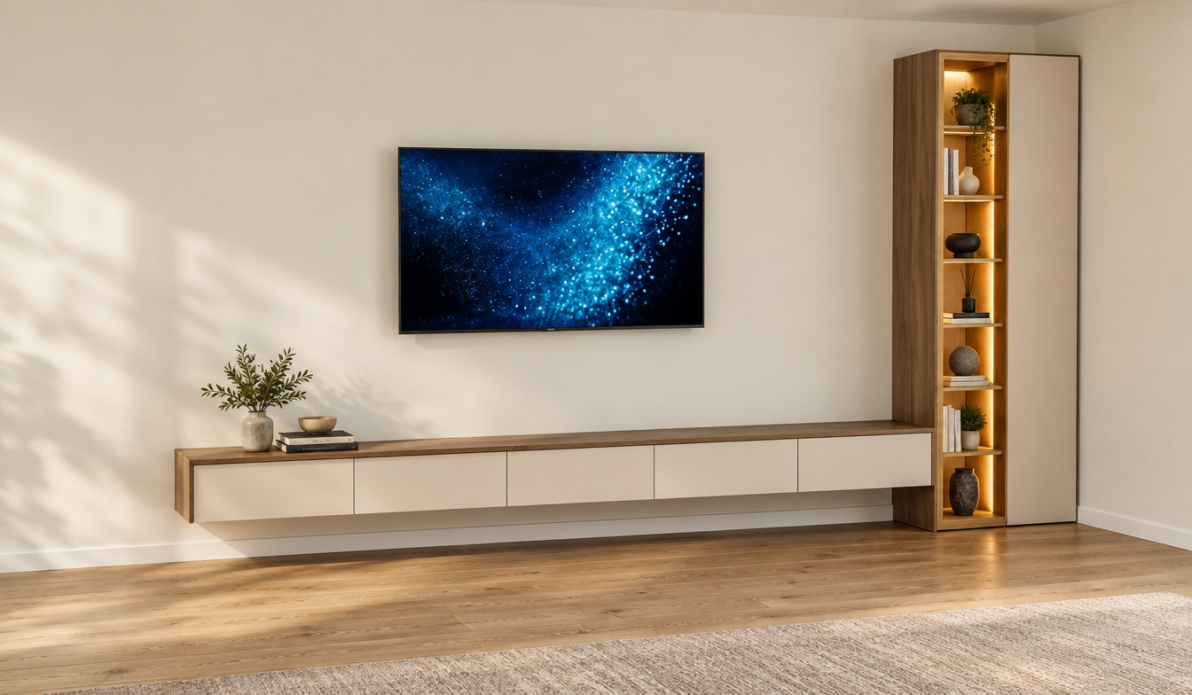 A crisp, photorealistic interior photograph preserving the exact composition, perspective, and cabinetry structure of the scene. The modern floating TV unit and tall vertical bookcase feature authentic matte finishes and realistic natural oak wood grain textures, resting above a detailed wood plank floor. The tall open shelf compartment is illuminated by warm, integrated vertical LED strip lighting, elegantly highlighting tastefully arranged decorative objects such as small ceramic vases, stacked hardcover books, and minimalist ornaments placed within each tier. The wall-mounted flat-screen television displays a vivid blue cosmic image with subtle ambient screen glow reflecting onto the smooth off-white painted wall. Soft, diffused daylight from an off-camera window blends naturally with the warm shelf lighting, casting gentle shadows and bringing out fine surface micro-textures with mild photographic depth of field.