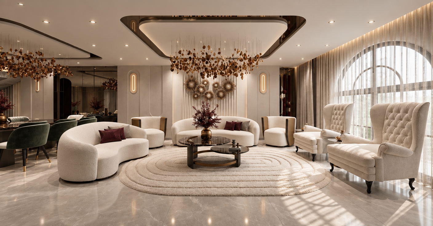 An architectural interior photograph of this exact luxury living room, captured on a full-frame camera with a 24mm tilt-shift lens at f/8, maintaining all original geometry, materials, wall colors, and lighting placements. Diffused daylight filters through the sheer arched window, casting soft shadow patterns across the floor to seamlessly blend with the warm, subtle glow of the existing recessed spotlights and wall sconces. Enhance the physical realism of visible surfaces—the tactile texture of the off-white boucle upholstery, the dark marble table reflections, the brushed brass chandelier leaves, and soft specular highlights across the polished tile floor—finished with natural ambient occlusion, subtle depth of field, and faint photographic grain.