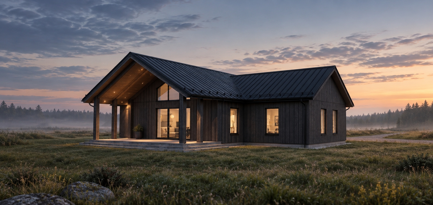 An incredibly lifelike, richly detailed, photorealistic exterior twilight shot of a sophisticated charcoal-clad Scandinavian-style residence set in a serene, mist-touched meadow. The scene is illuminated by the warm, inviting glow emanating from the floor-to-ceiling windows and the architectural recessed lighting on the timber porch, creating a cozy and contemporary elegance. Captured with a 35mm lens at a low aperture, emphasizing the clean-lined vertical wood siding and the sharp, matte-black standing seam metal roof. 

The composition highlights a perfect balance between the rugged, dark exterior and the refined, light-filled interior, where glimpses of a living space reveal tailored upholstery in shades of pearl and soft gray. Polished stone surfaces catch the ambient light, while sculptural interior lighting hints at a high-end, curated aesthetic. The surroundings are minimalist and tranquil, with soft shadows grounding the structure, while the slim metal accents of the window frames define a polished and sophisticated silhouette against the deepening evening sky, evoking the timeless quality of a luxury architecture photography book.