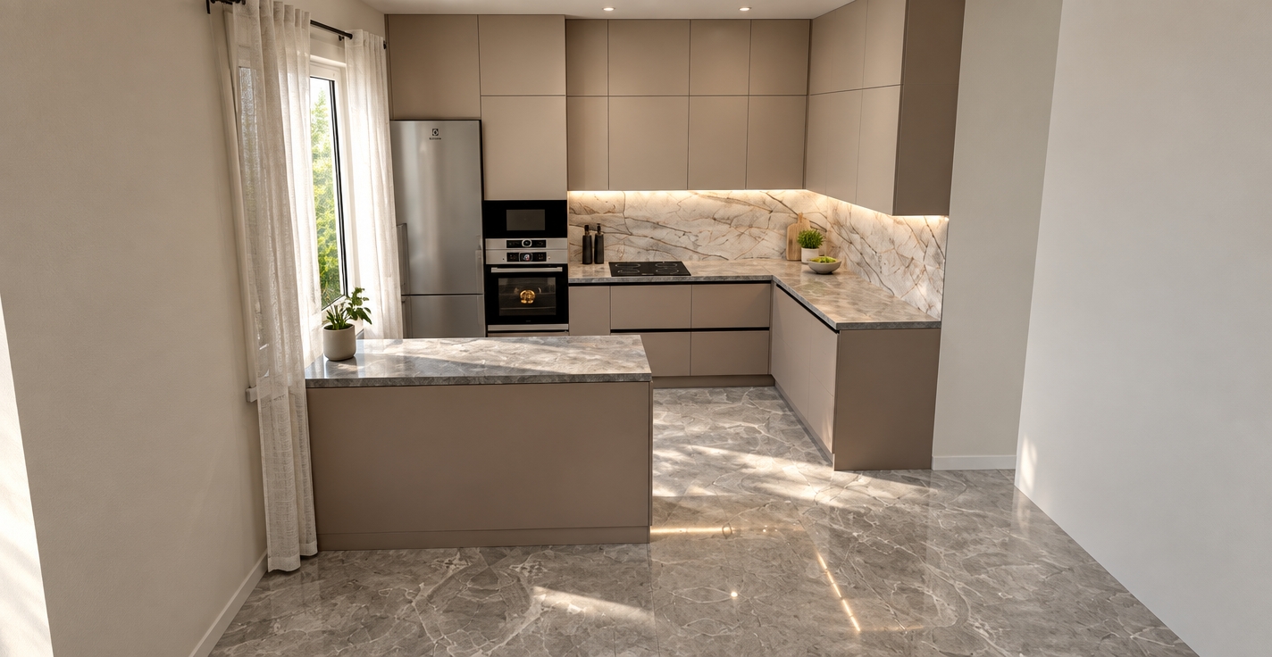 The photo captures a modern kitchen designed as a minimalist haven, bathed in soft, diffused light that enhances its serene atmosphere. The architectural style leans towards sleek contemporary, with clean lines and an uncluttered aesthetic. The main cabinetry, both upper and lower, features flat-panel doors in a sophisticated, matte light taupe or greige finish, creating a seamless, uniform look. This warm neutral palette is elegantly contrasted by the stunning light grey marble countertops and matching full-height backsplash, which display intricate white and dark grey veining, adding a touch of natural luxury and texture to the space. The polished marble flooring mirrors the countertop material, further unifying the design and reflecting light subtly across the room. A large white built-in refrigerator stands prominently on the left, adjacent to a wall-mounted stack of sleek black and stainless steel appliances, including an oven (with a visible baking item inside) and a microwave, demonstrating efficient use of vertical space. An integrated cooktop is set into the main L-shaped counter, which extends into a compact, functional peninsula or island-like structure at the foreground, also topped with the same grey marble. A tall, narrow window on the far left, draped with simple, flowing white sheer curtains, provides natural light and hints at an exterior view of lush greenery, offering a calming connection to the outside. The surrounding walls are finished in a light, subtly textured off-white or pale grey, maintaining the bright and airy feel of the room. The overall composition emphasizes functionality and elegant simplicity, presenting a perfectly organized and inviting space that feels both highly practical and aesthetically refined.