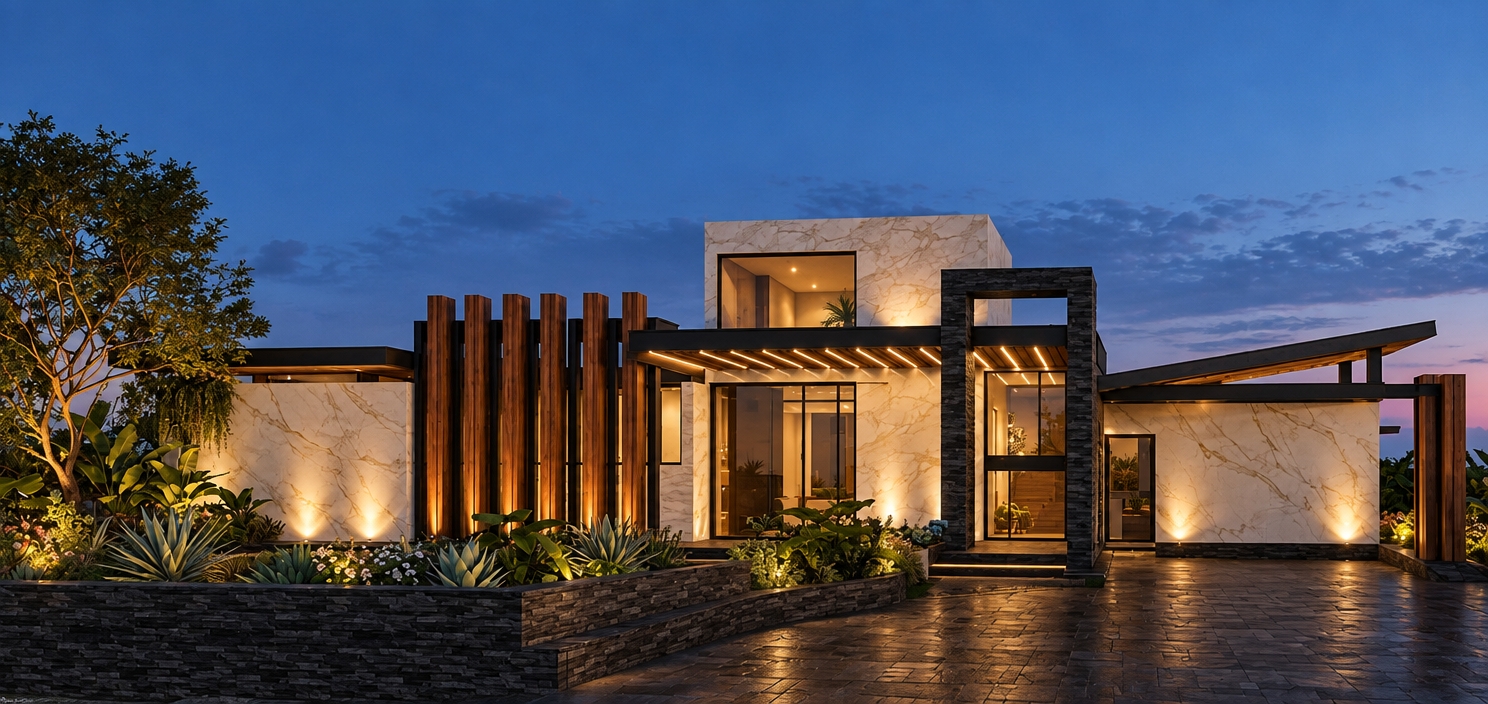 Architectural twilight photograph of the modern luxury residence, strictly preserving the exact geometry, perspective, and composition. Under a clear blue-hour evening sky, warm 2700K recessed linear LED strips and ground uplights softly wash over polished Calacatta Oro marble panels, rugged dark stacked slate walls, and rich, natural-grained Ipe wood vertical louvers. The matte powder-coated black steel framework exhibits authentic structural seams, while the damp dark basalt paved driveway gently catches diffuse reflections from ambient fixtures. Tropical landscaping features organic leaf imperfections and varied surface sheen, captured with crisp edge-to-edge optical sharpness, natural exposure roll-off, faint lens vignetting, and subtle 35mm photographic grain.
