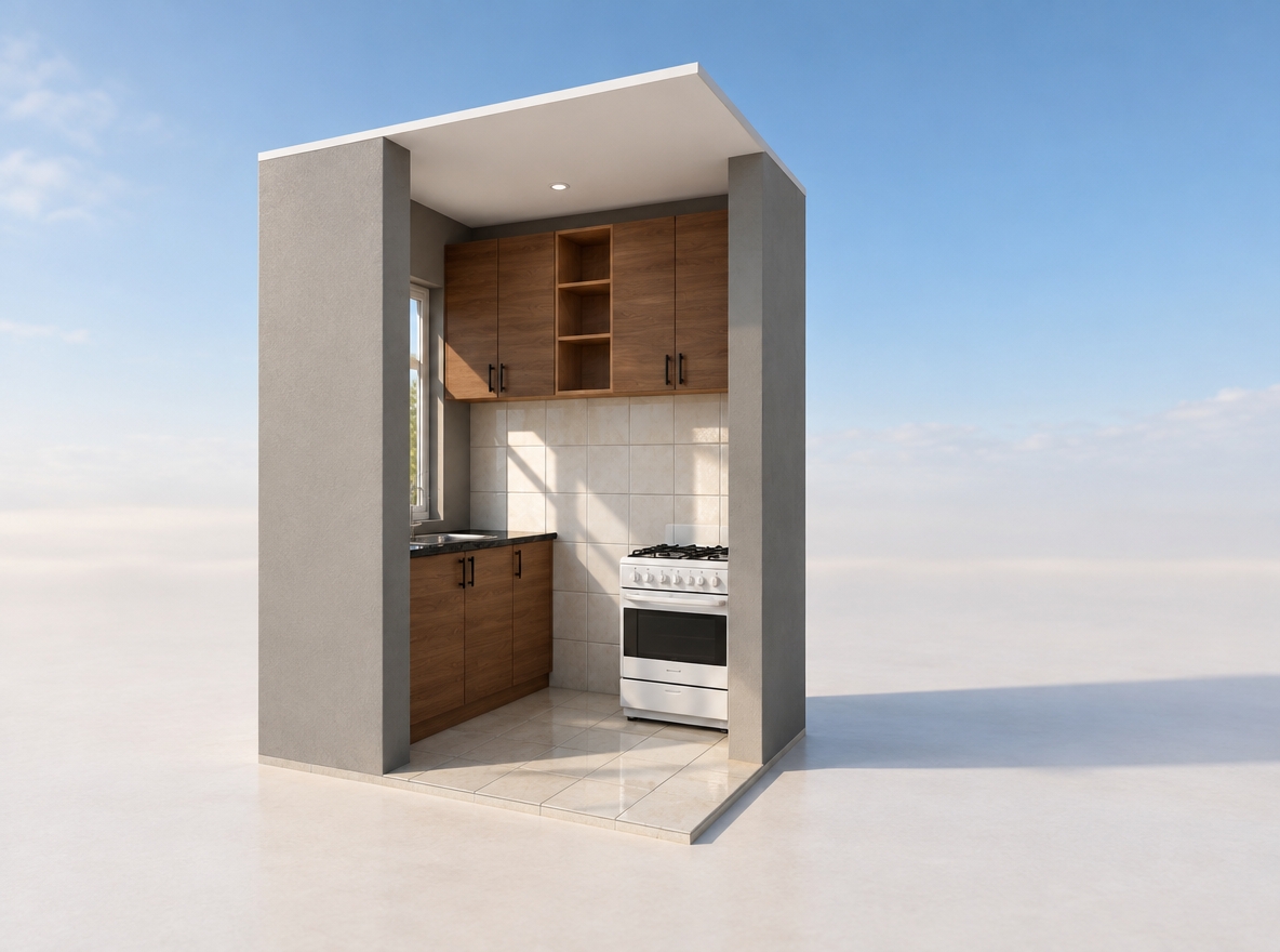 An incredibly lifelike, richly detailed, photorealistic medium shot of a compact kitchen nook set in a sun-drenched minimalist haven. The scene is illuminated by crisp, natural midday summer light streaming through a side window, creating a clean, bright, and airy atmosphere. Captured with a 35mm wide-angle lens, emphasizing the rich, organic grain of the walnut-toned MDF cabinetry and the sharp, architectural contrast of the matte black hardware.

The kitchen features a functional, linear layout where the warmth of the wood-finished cabinetry pairs elegantly with the soft, neutral ceramic backsplash tiles. The surface of the countertops shows a subtle, reflective polish, catching the bright daylight, while the freestanding white stove adds a crisp, clinical precision to the space. The soft gray perimeter walls ground the design, creating a sense of serene enclosure. Every edge is defined by precise craftsmanship, with subtle, realistic shadows pooling under the upper cabinets and around the base, highlighting the depth and tactile quality of the MDF surfaces in this tranquil, sun-warmed retreat.