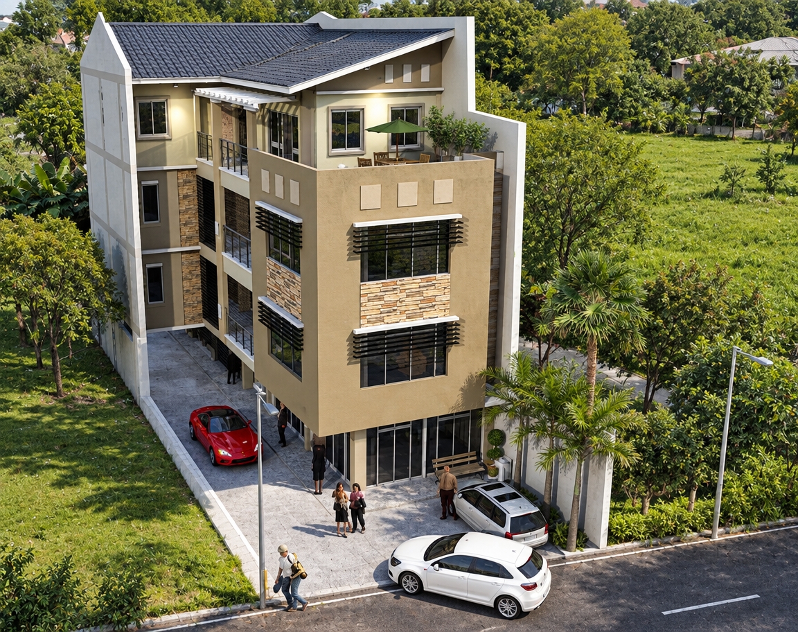 A photorealistic high-angle architectural photograph captured under bright, direct midday summer sunlight, casting crisp, defined shadows beneath the eaves, vehicles, and structures. The multi-story building features natural matte stucco finishes, textured stone cladding accents, dark metallic louvers, and reflective glass windows capturing subtle outdoor highlights. Realistically rendered glossy cars are parked on the driveway, which shows authentic concrete paver micro-textures alongside a worn asphalt street. Surrounding lawn and palm trees exhibit organic variations in green foliage with realistic subsurface scattering, illuminated by harsh overhead daylight with soft ambient bounce, perfectly preserving the exact geometry, perspective, and composition without any synthetic CG appearance.