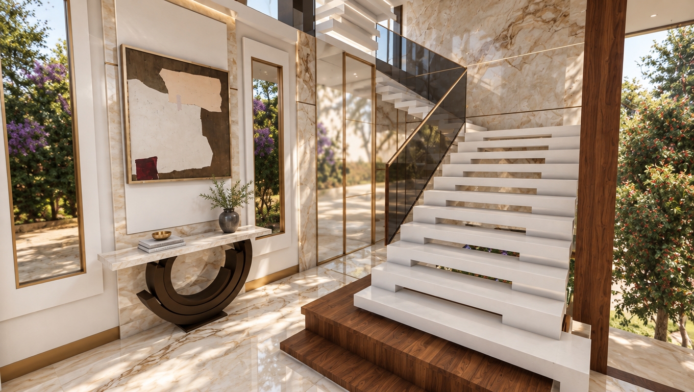 A crisp architectural photograph of the luxury modern foyer, strictly preserving the original geometry, perspective, and composition. Soft natural daylight floods the space through the large windows, creating gentle, diffused reflections on the polished marble floor and paneled walls. The floating white staircase features smooth matte surfaces resting on warm, authentically textured walnut base steps, accompanied by a tinted glass railing showing subtle specular reflections and edge refractions. The framed canvas exhibits a fine, tactile weave, brass trims catch soft highlights, and the outdoor foliage appears vibrant and naturally lit, all captured through a sharp wide-angle interior lens with subtle depth of field and faint lens vignetting.